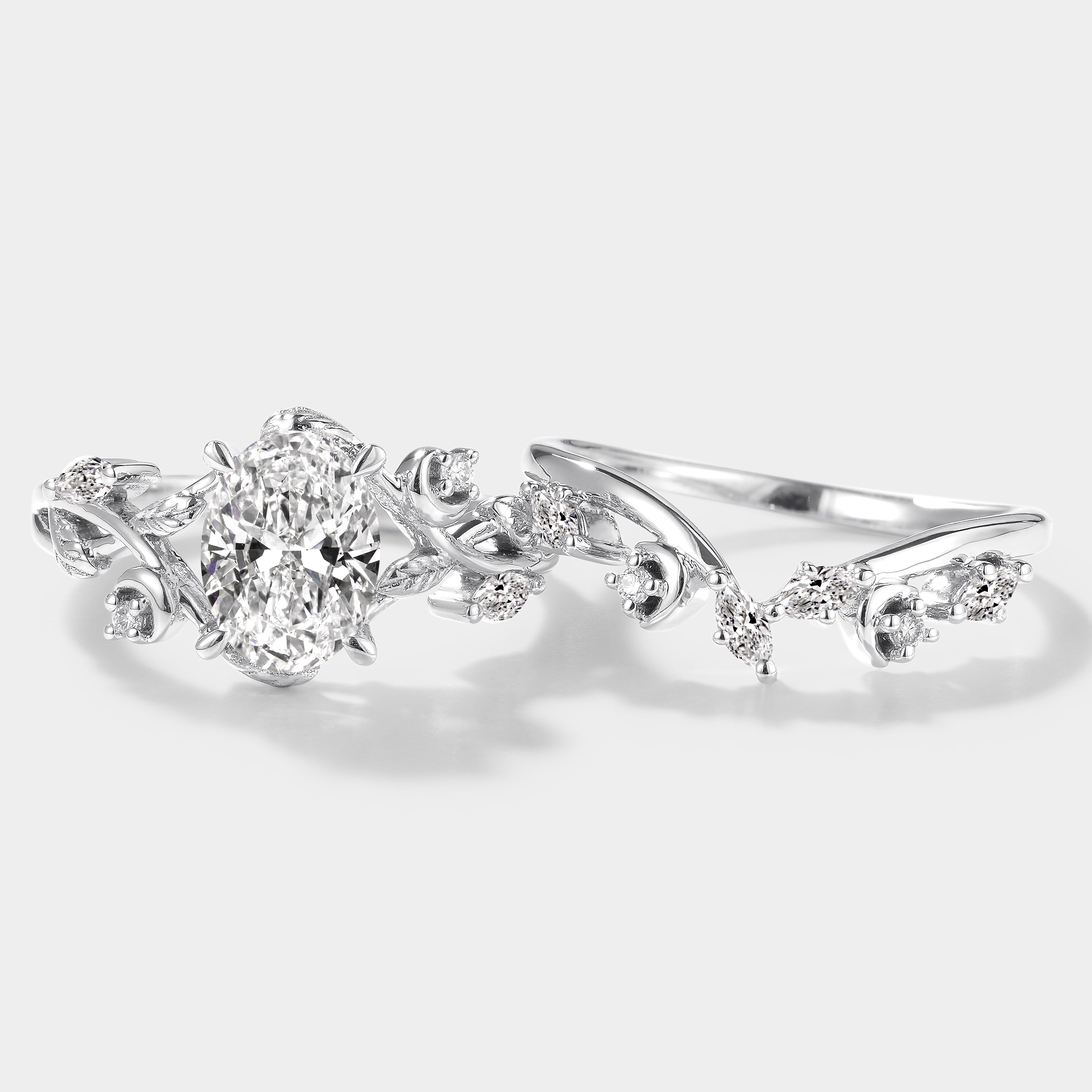 Nature-inspired oval lab grown diamond engagement ring set