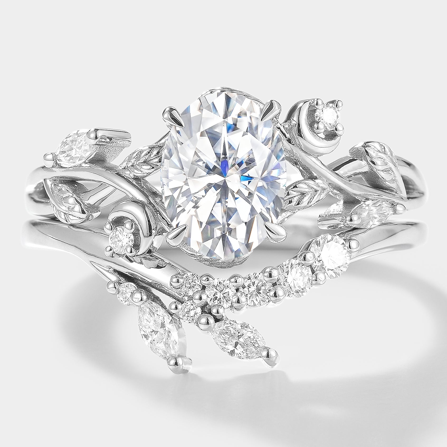 Oval Moissanite Engagement Ring Set with Leaf & Moon Motif