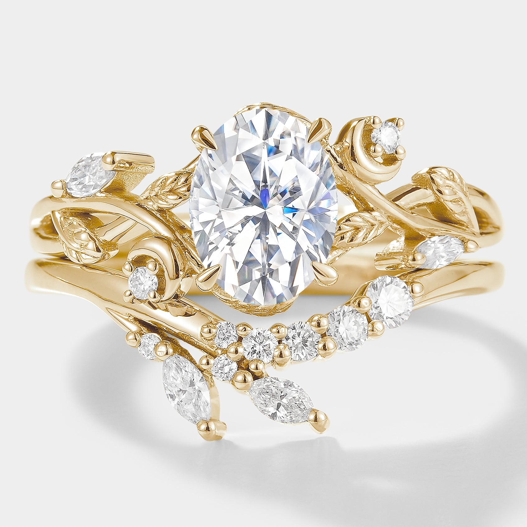 Nature-Inspired Moissanite Engagement Ring Set with Leaf Design