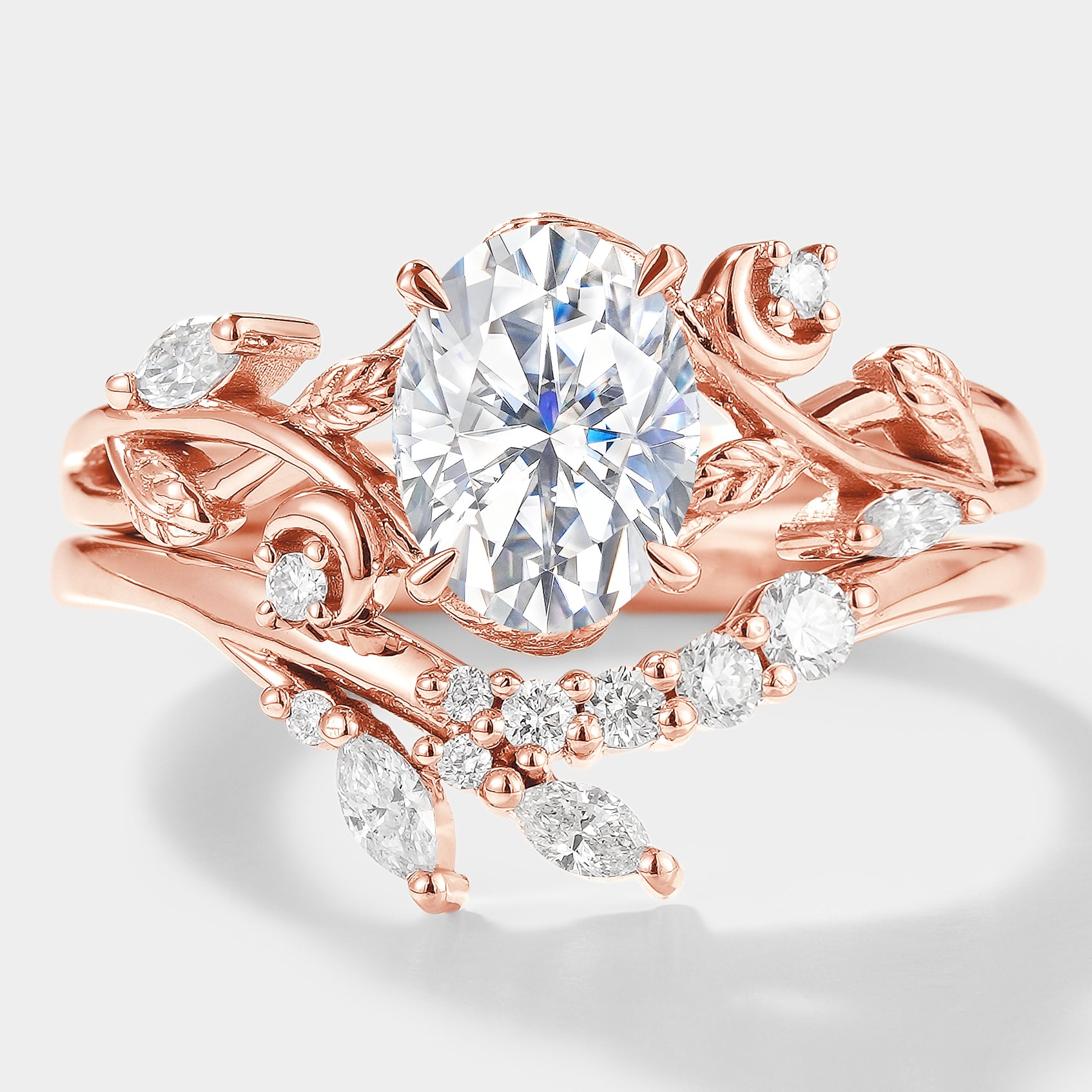Oval Cut Moissanite Engagement Ring Set with Moon & Leaf Motif - Lahela Jewelry