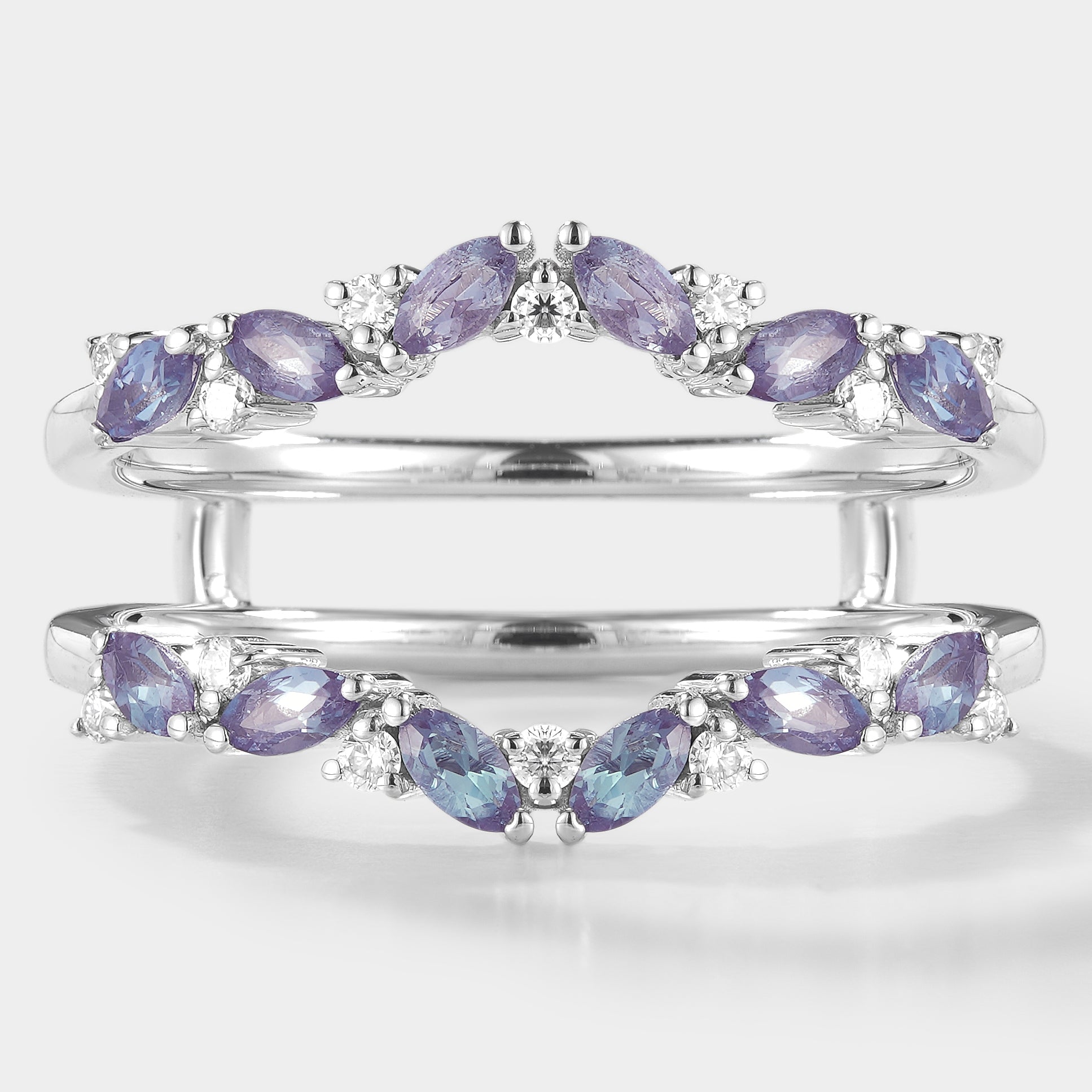 Alexandrite enhancer wedding band with moissanite. A unique sterling silver bridal set, perfect for engagement and wedding.