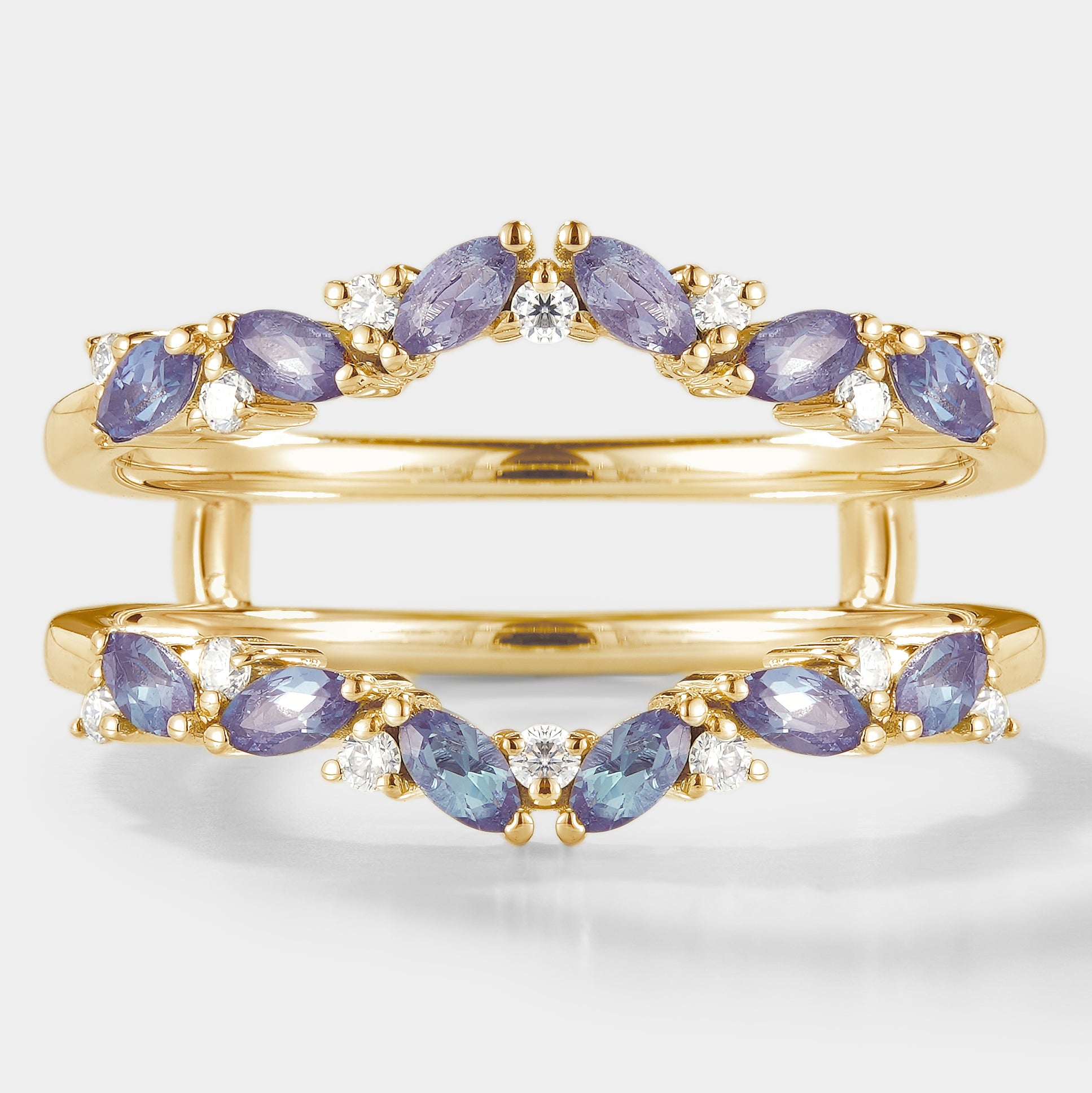 Yellow gold Alexandrite enhancer wedding band with moissanite accents. Bridal ring set.