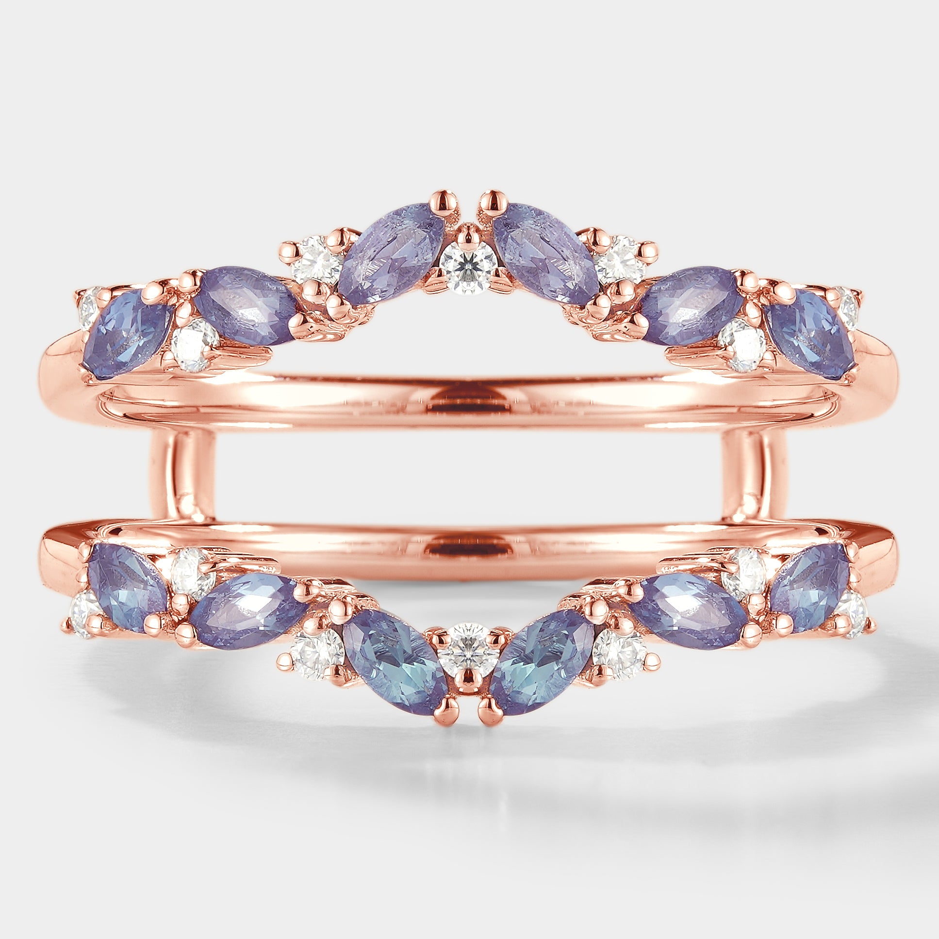 Alexandrite enhancer wedding band with moissanite and rose gold, bridal set ring.