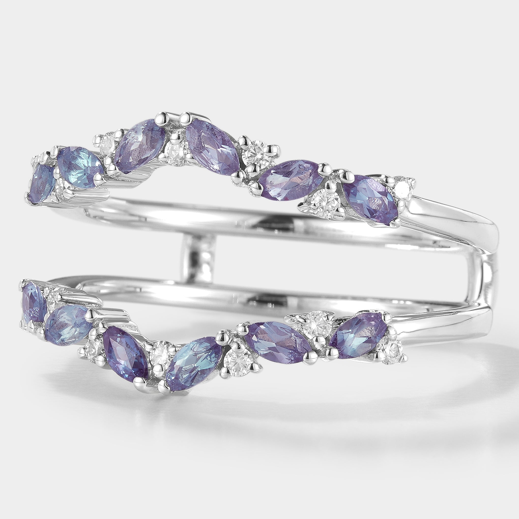 Alexandrite enhancer wedding band. Sterling silver, moissanite & color-changing Alexandrite stones. Perfect bridal set.