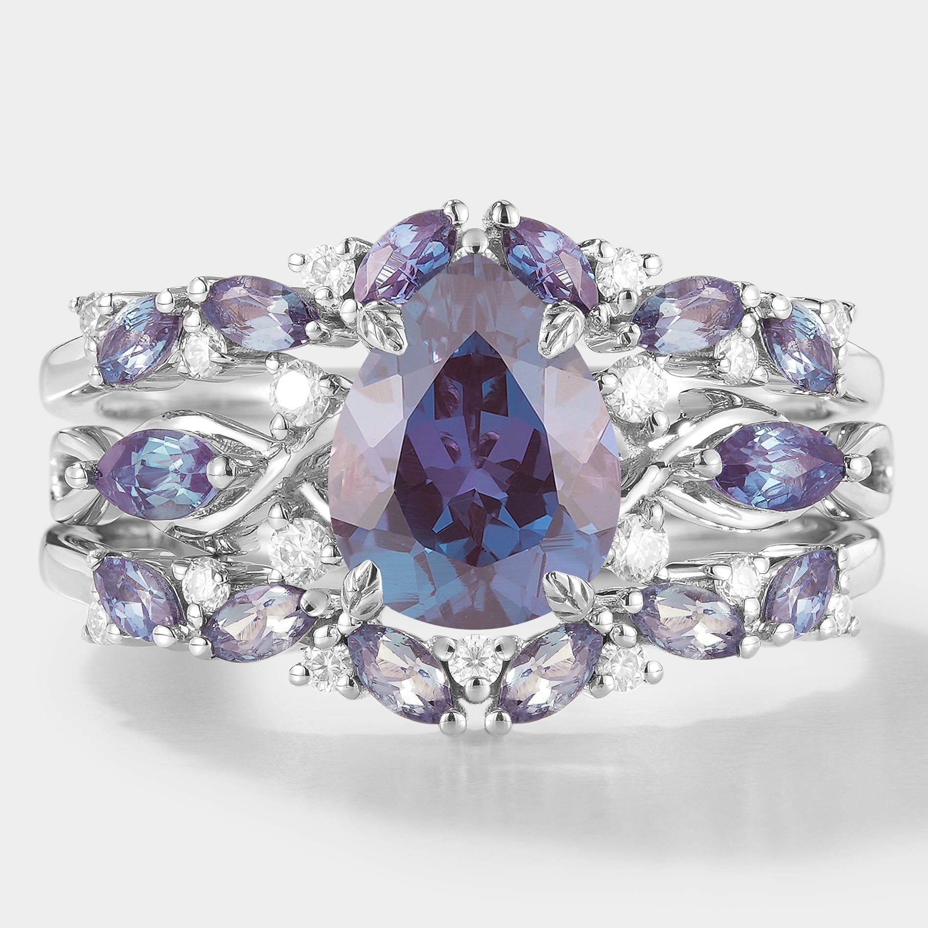 Nature-inspired Alexandrite engagement ring set
