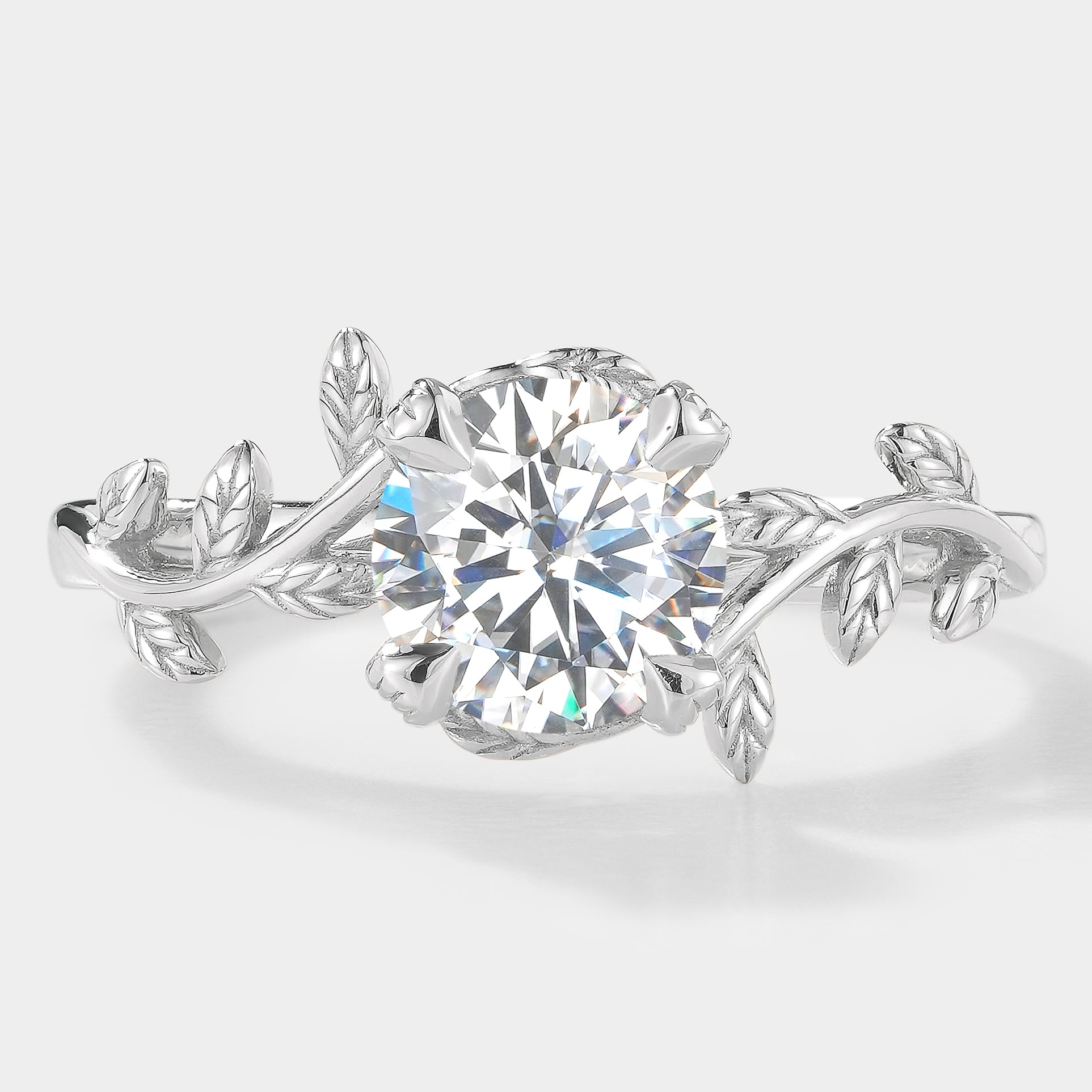 Round Moissanite Engagement Ring with Leaf Motif