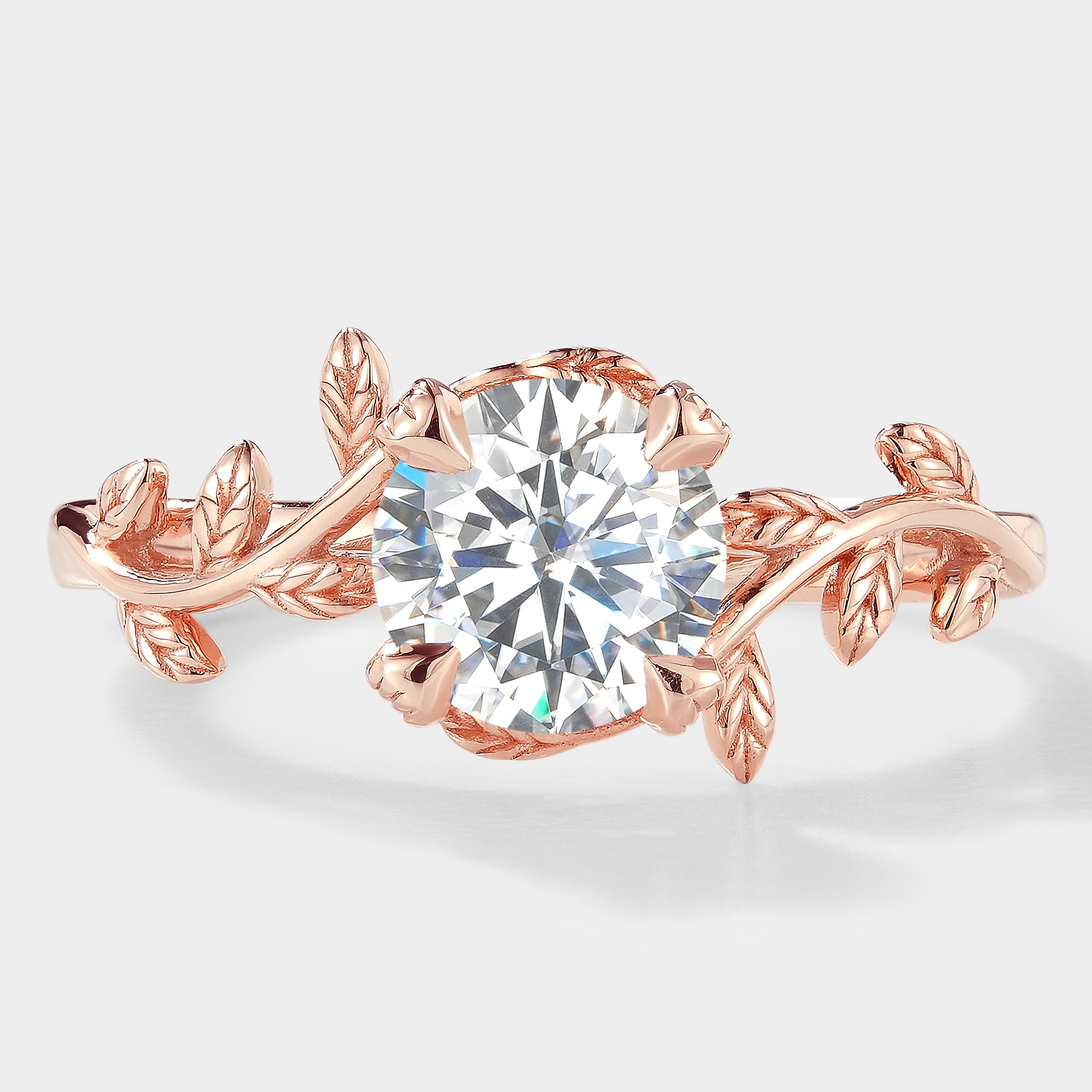 Round Moissanite Leaf Engagement Ring in Rose Gold