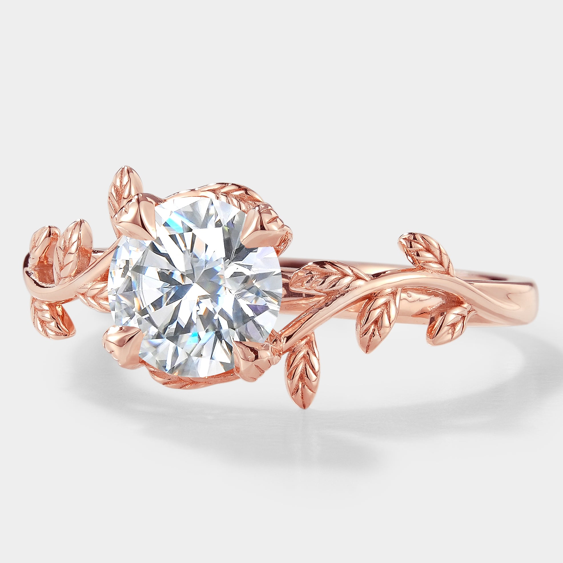 Rose gold moissanite leaf engagement ring, nature inspired design