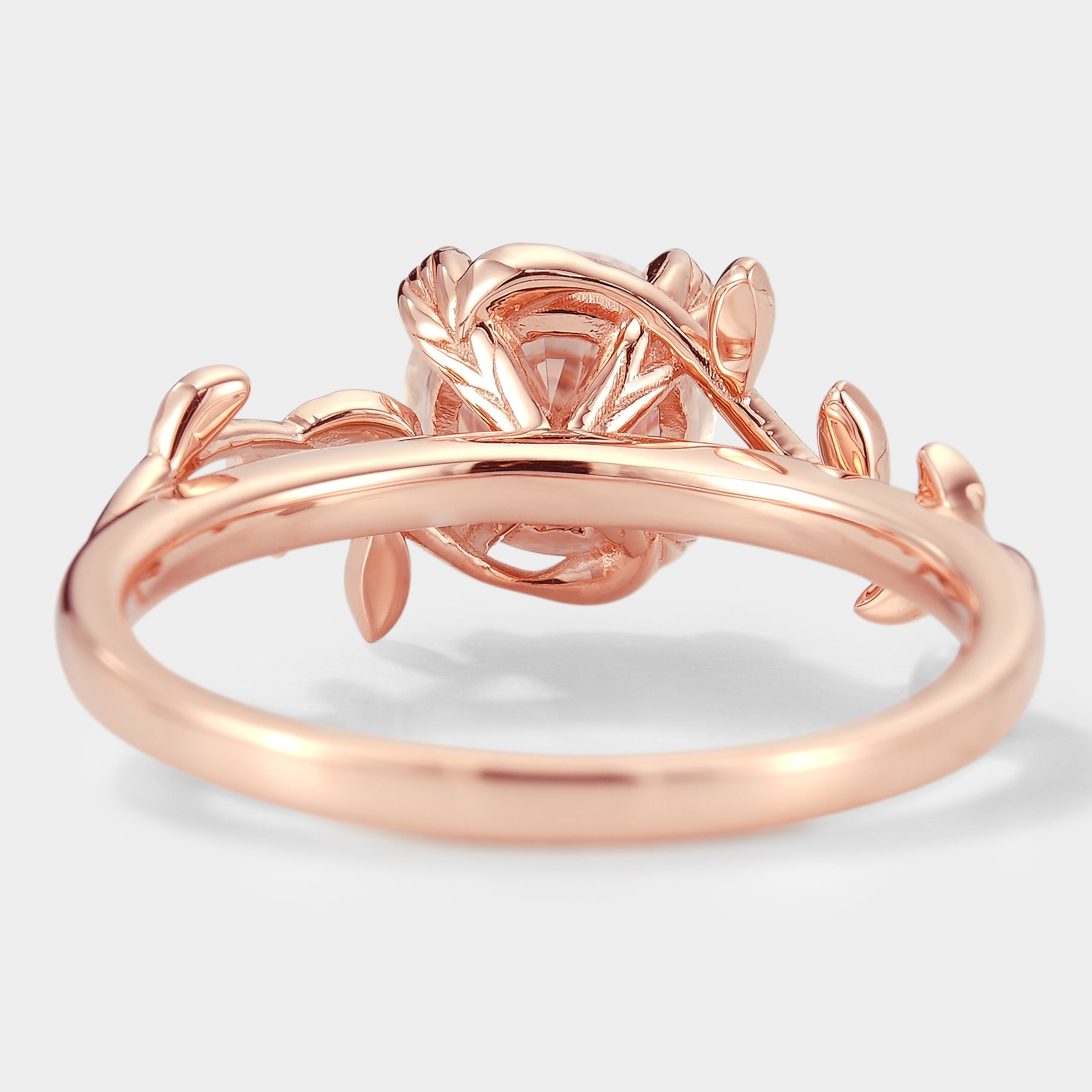 Rose gold leaf engagement ring, Round cut moissanite
