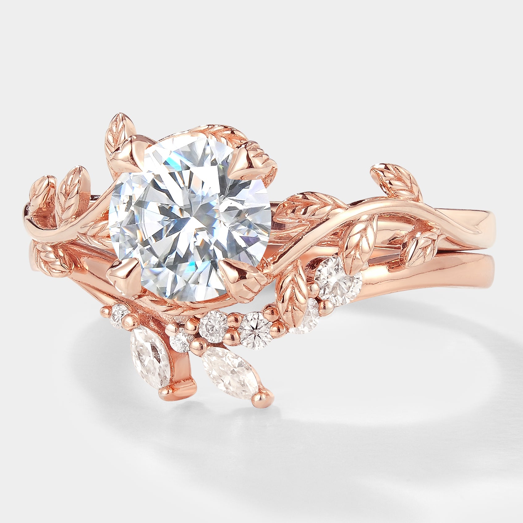 Rose Gold Moissanite Leaf Engagement Ring Set