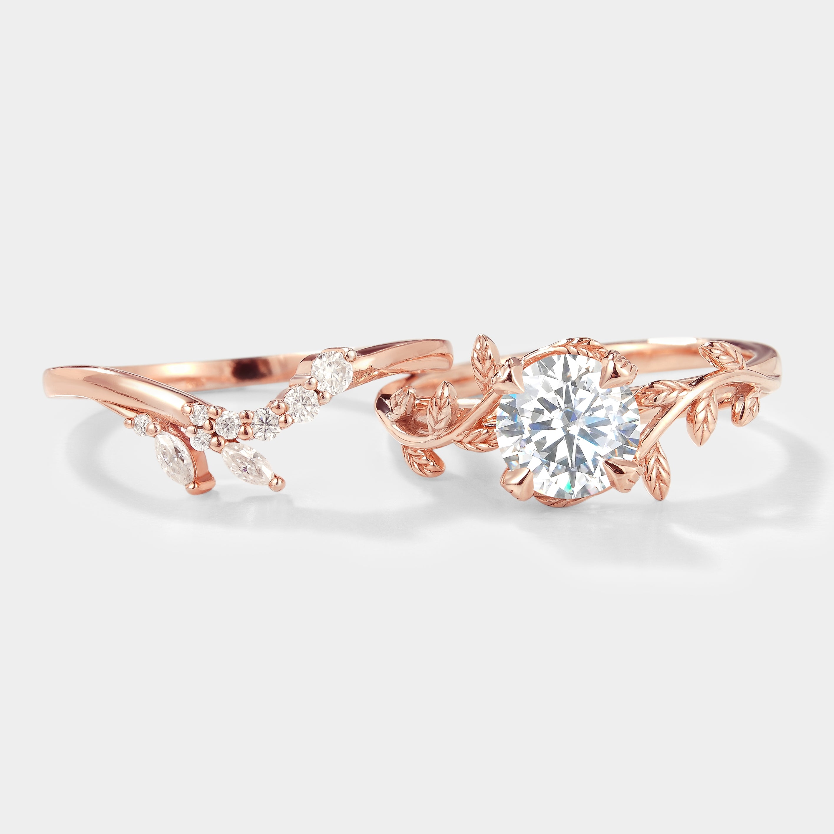 Rose gold leaf engagement ring and matching chevron wedding band