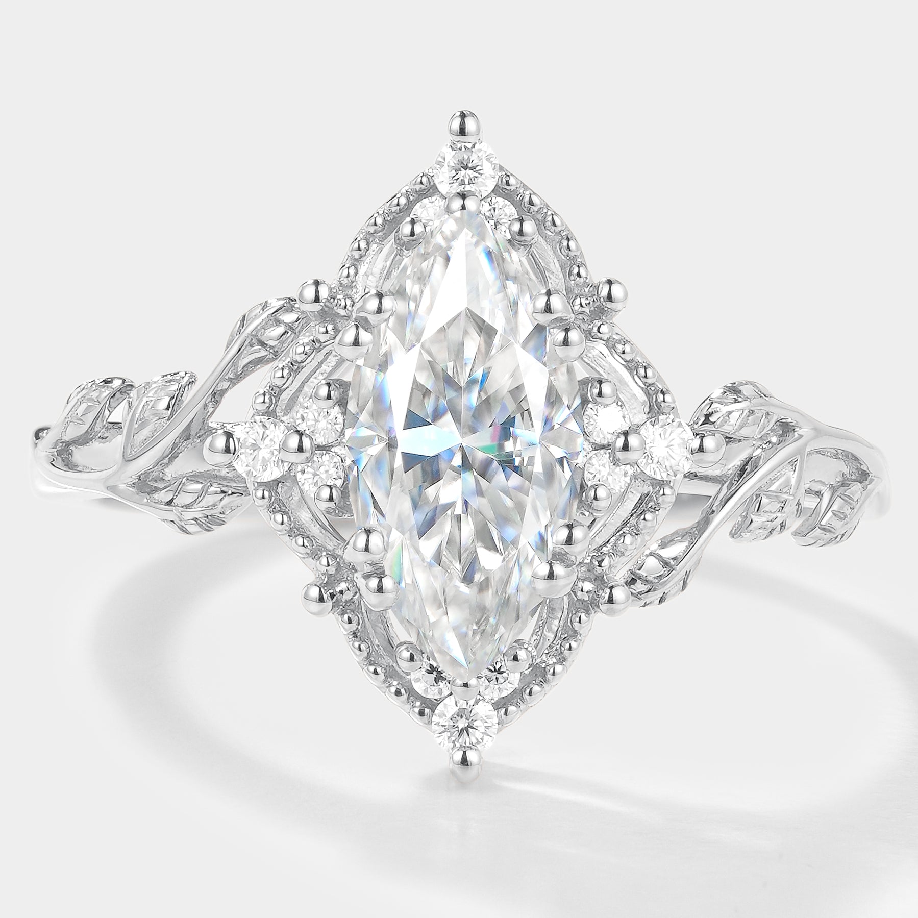 Elegant Marquise Moissanite Ring with Leaf Accents