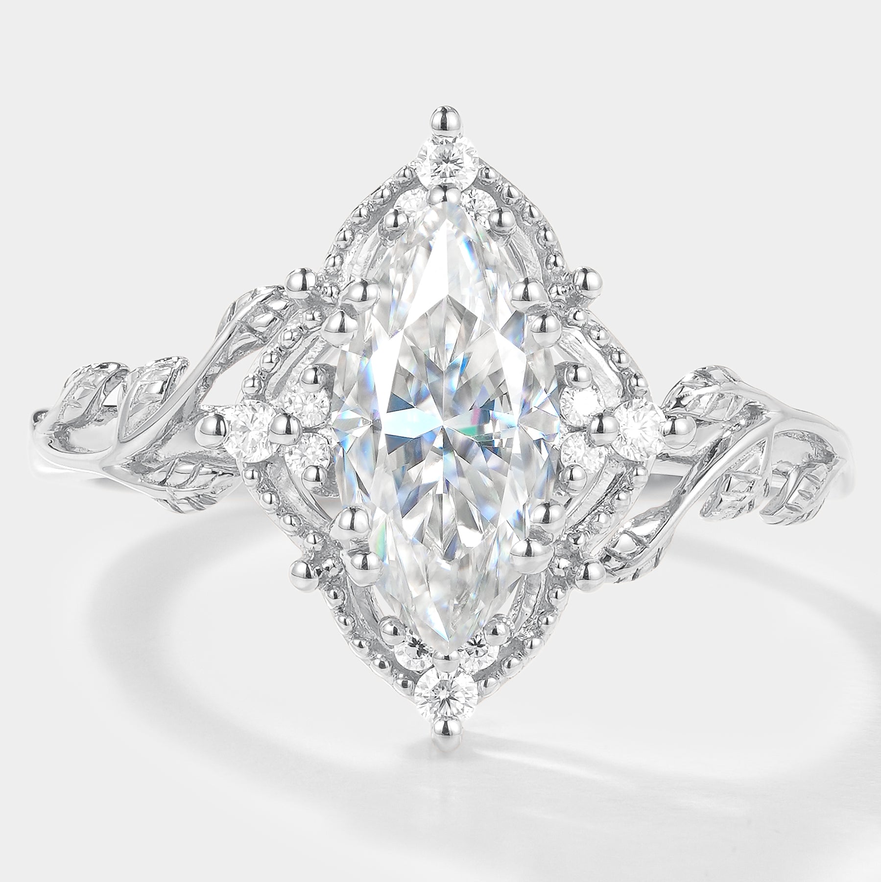 Elegant Marquise Moissanite Ring with Leaf Accents