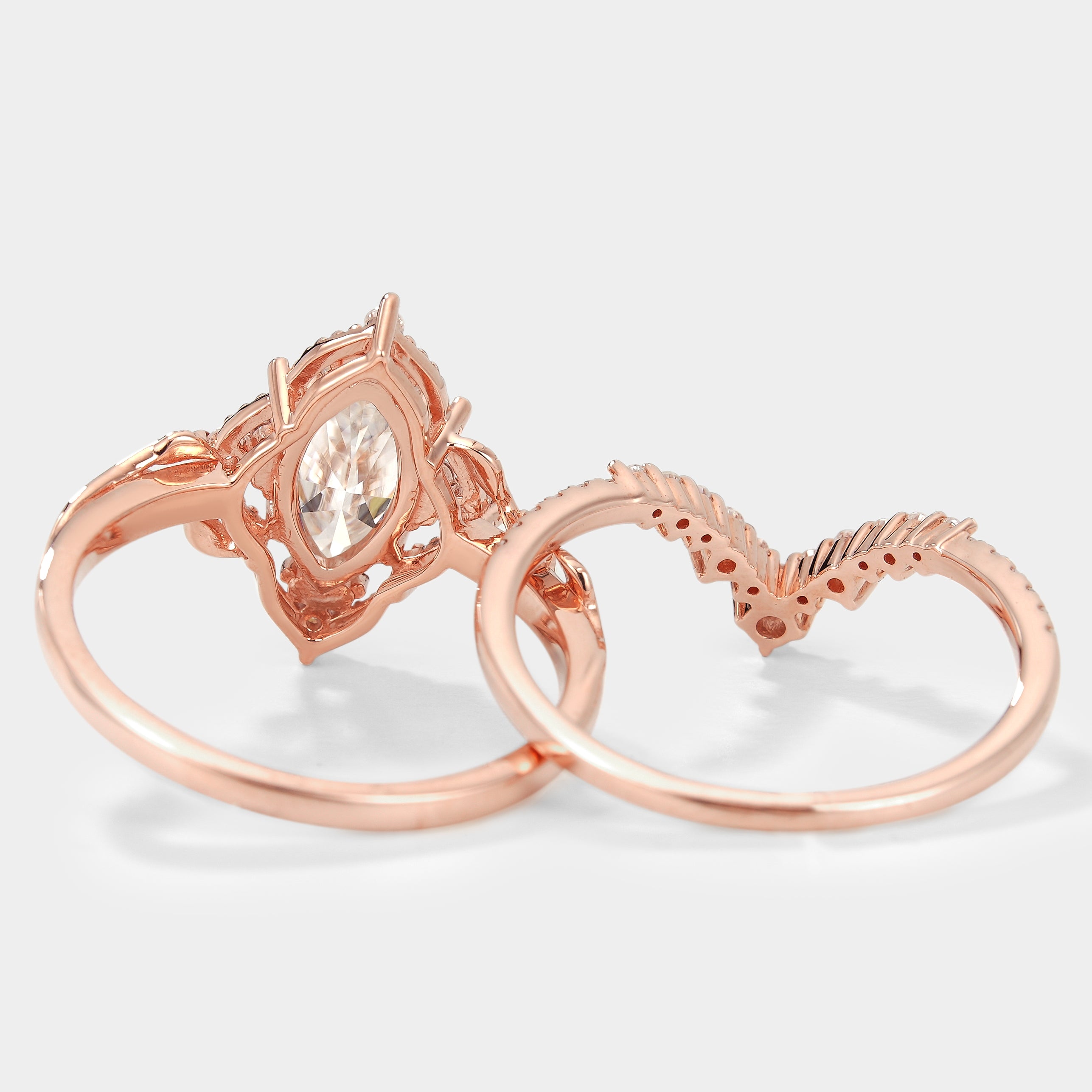 Rose gold marquise moissanite engagement ring and wedding band set
