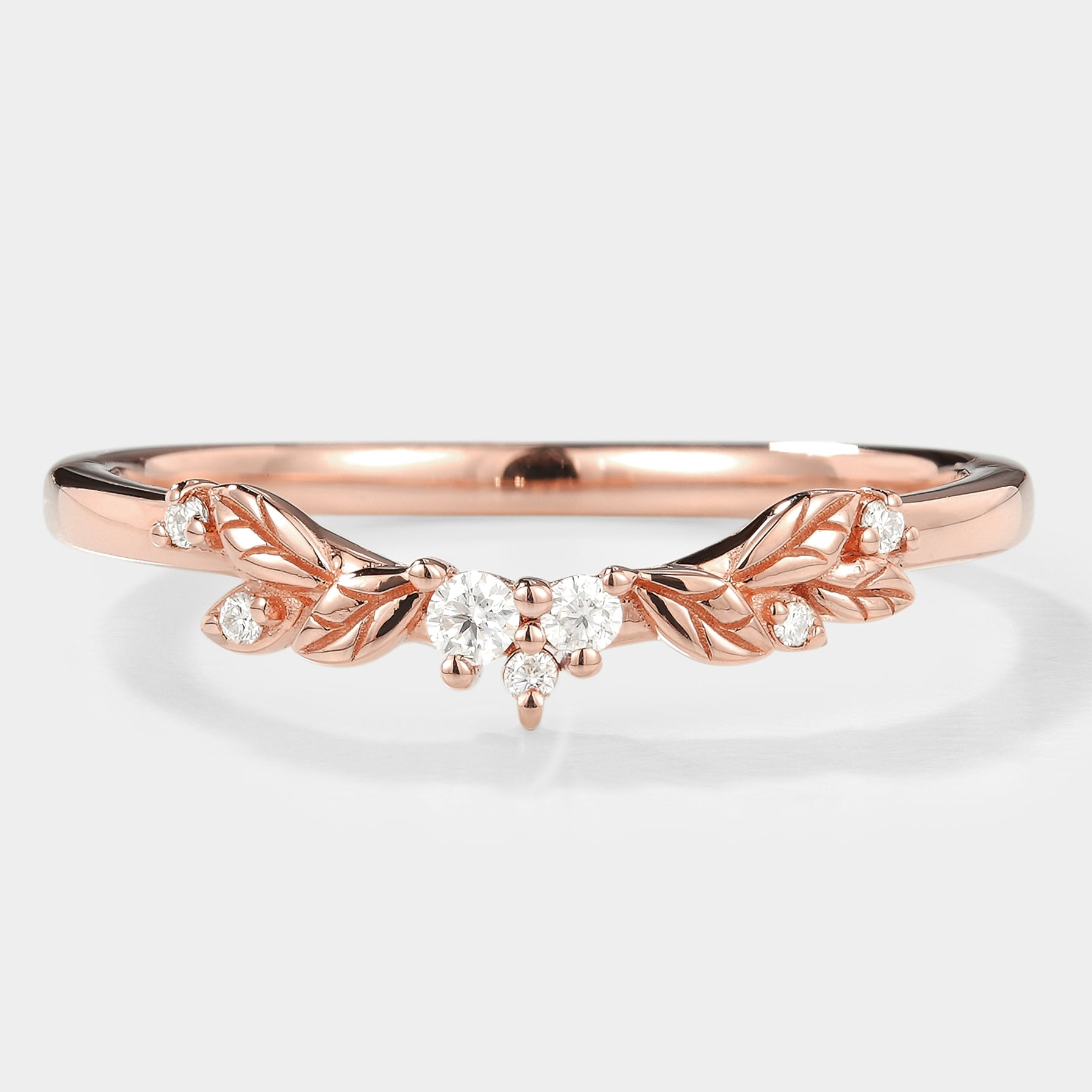 Rose gold leaf wedding band with moissanite and diamond accents