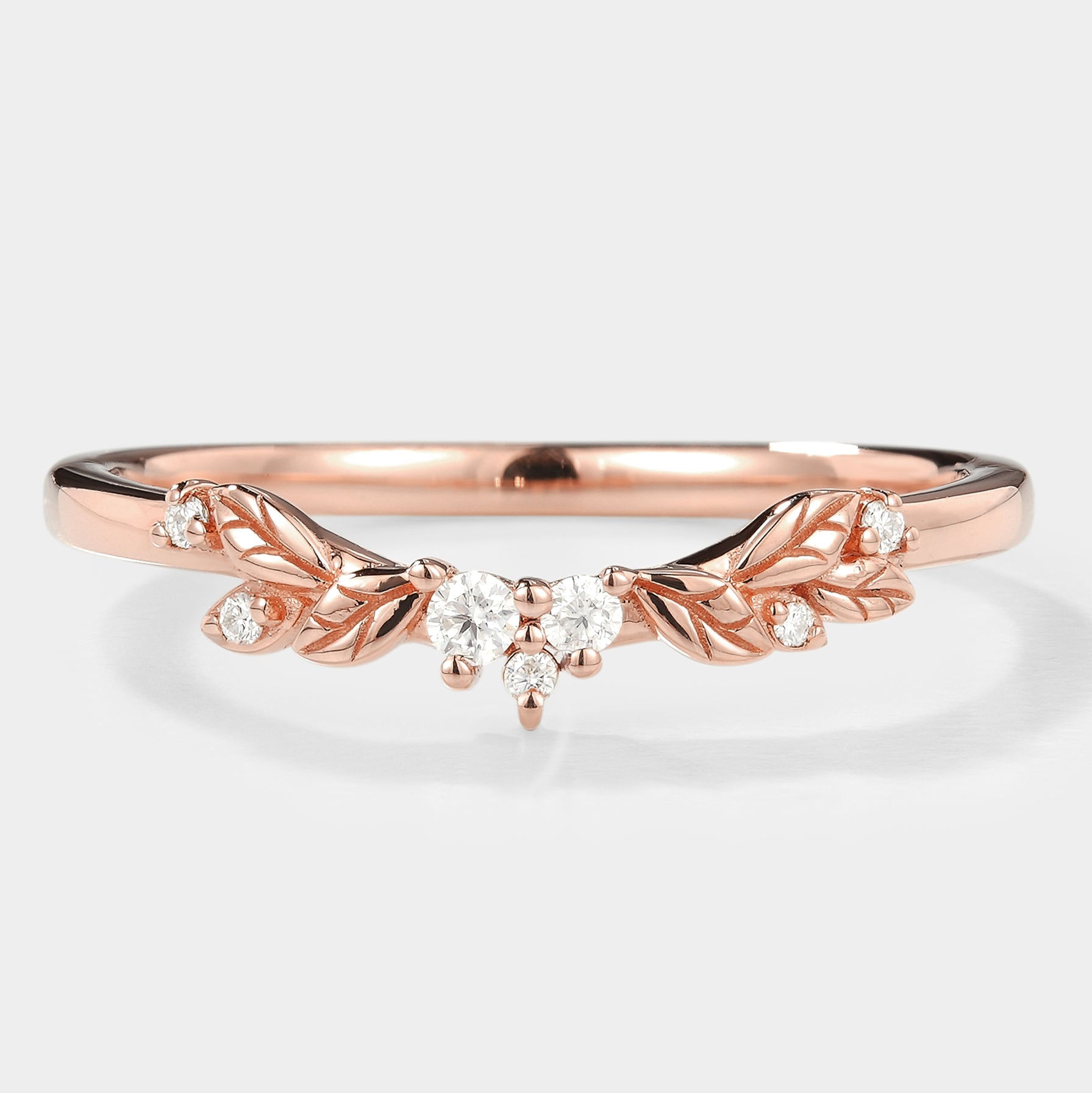 Rose gold leaf wedding band with moissanite and diamond accents