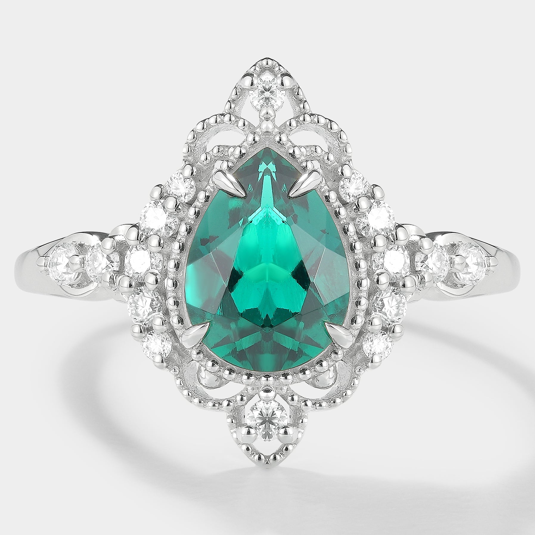 Pear Cut Emerald Palace Style Engagement Ring