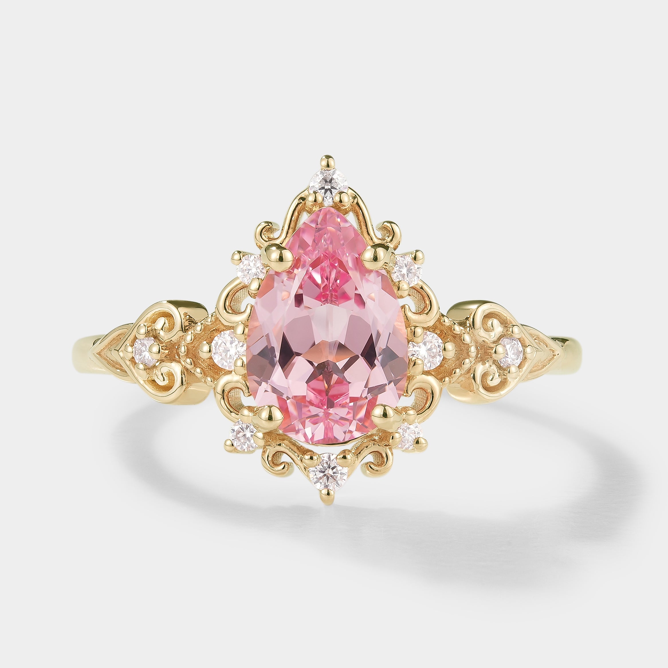 Vintage Pear Cut Padparadscha Sapphire Ring, Floral Design