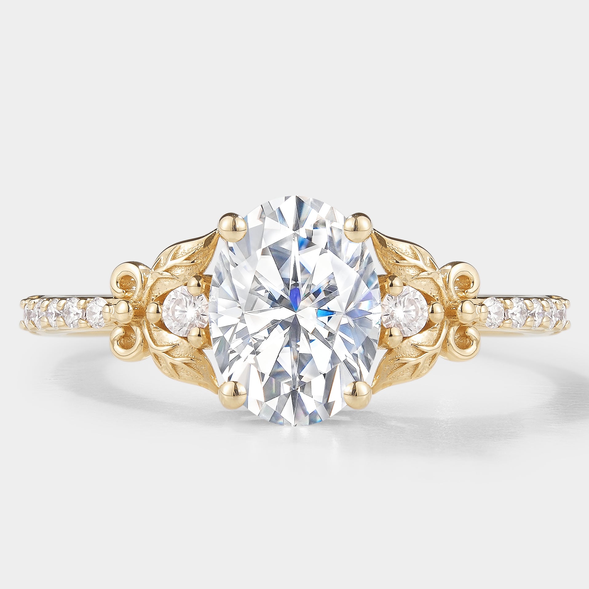 Oval cut moissanite leaf engagement ring, nature-inspired design