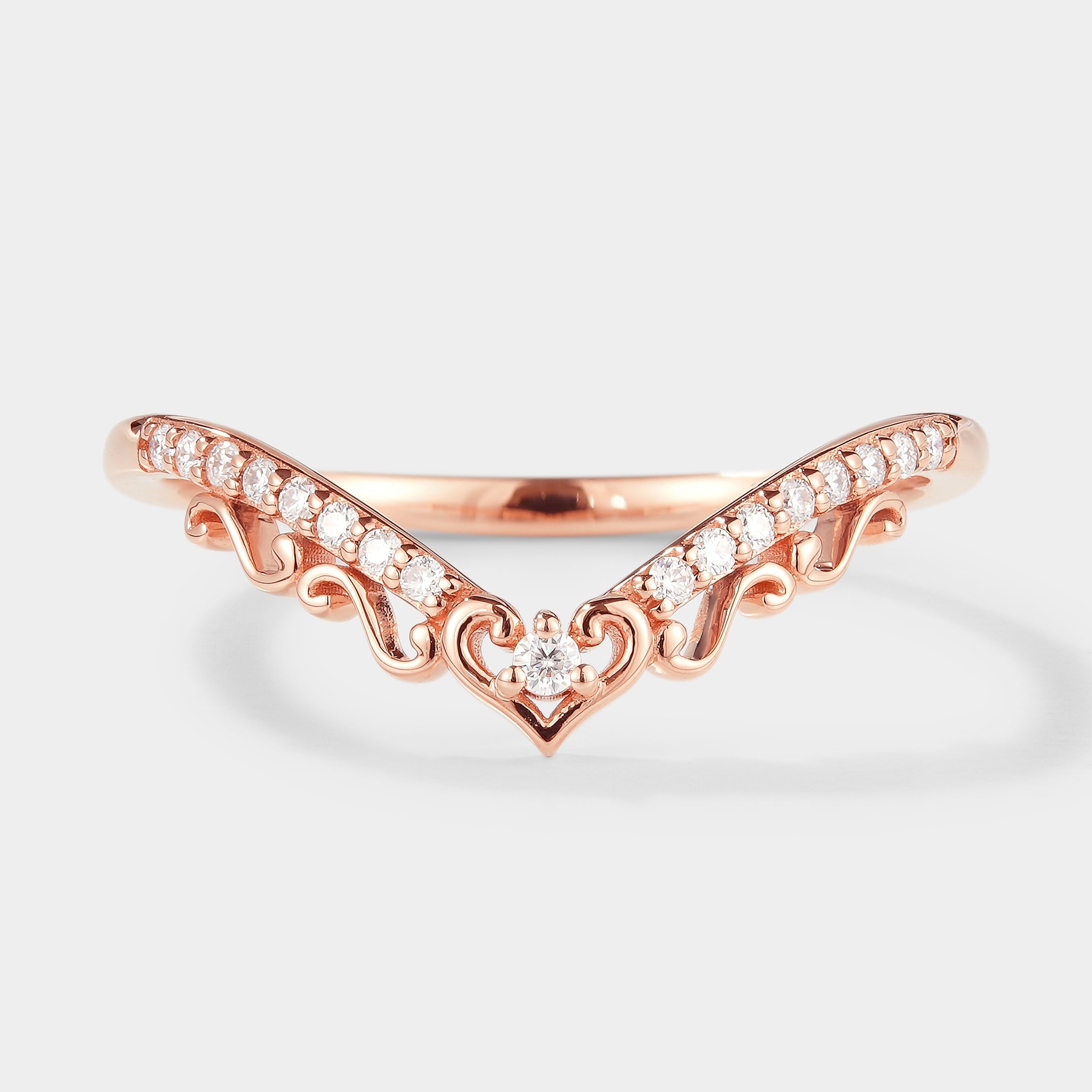 Rose gold chevron moissanite wedding band