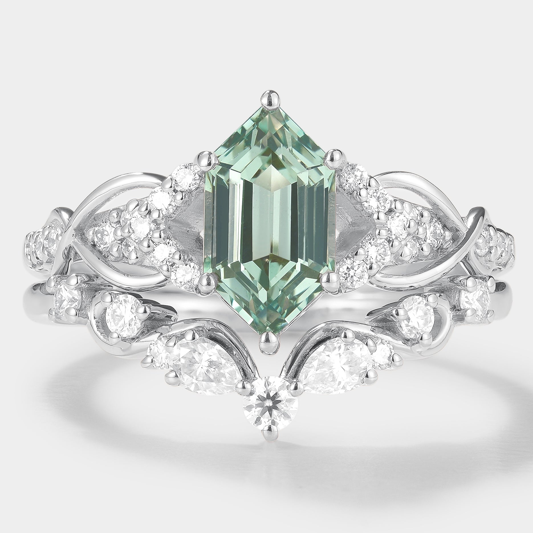 Green sapphire engagement ring with moissanite wedding band, bridal set