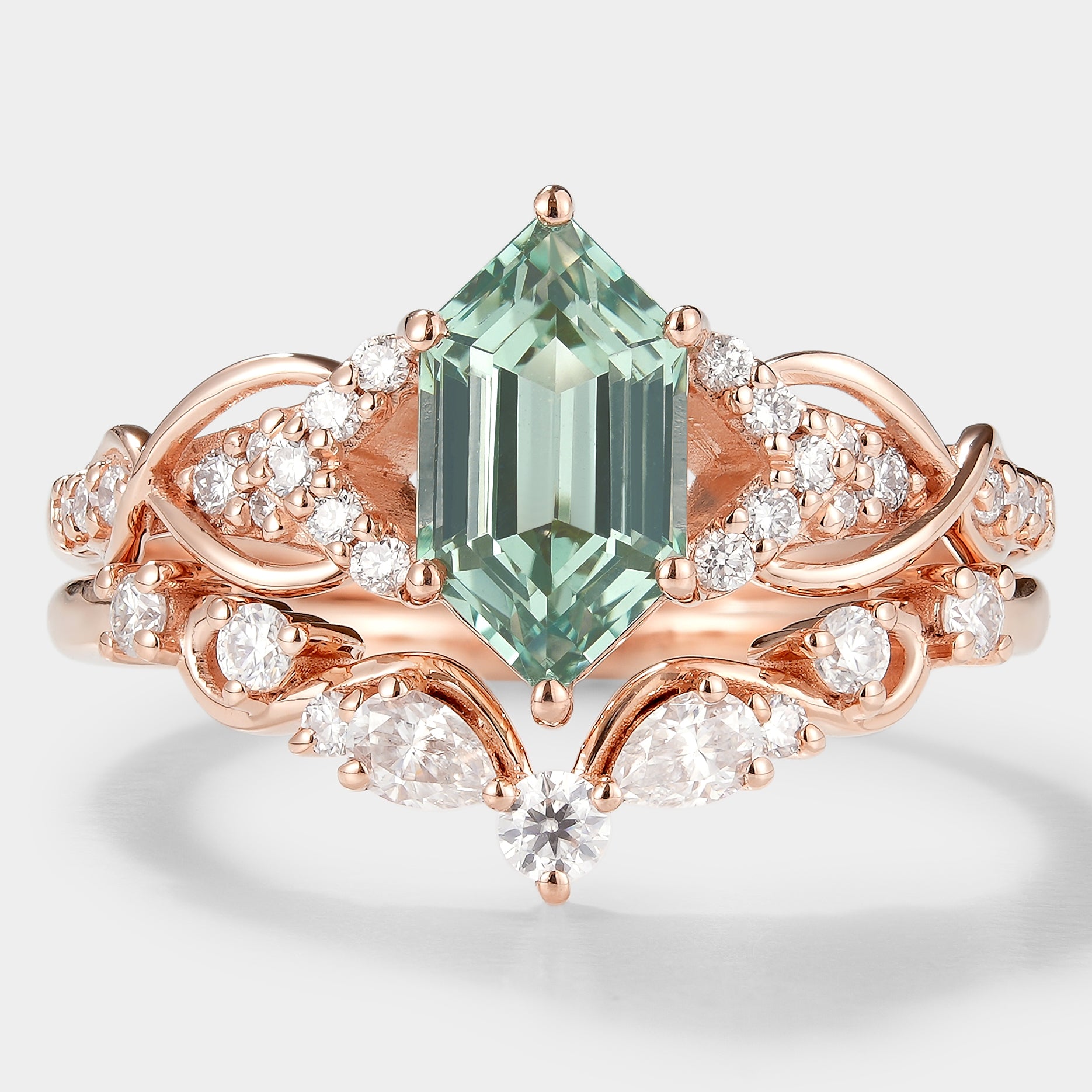 Hexagon Green Sapphire Bridal Set with Moissanite Cluster