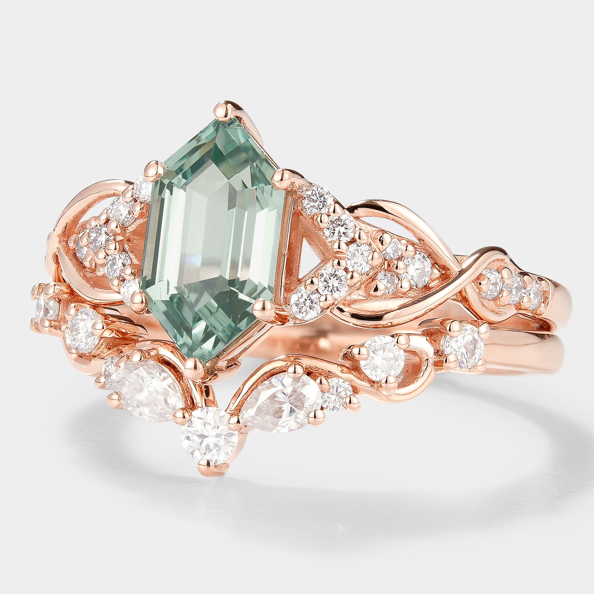 Rose gold hexagon green sapphire bridal set with moissanite accents