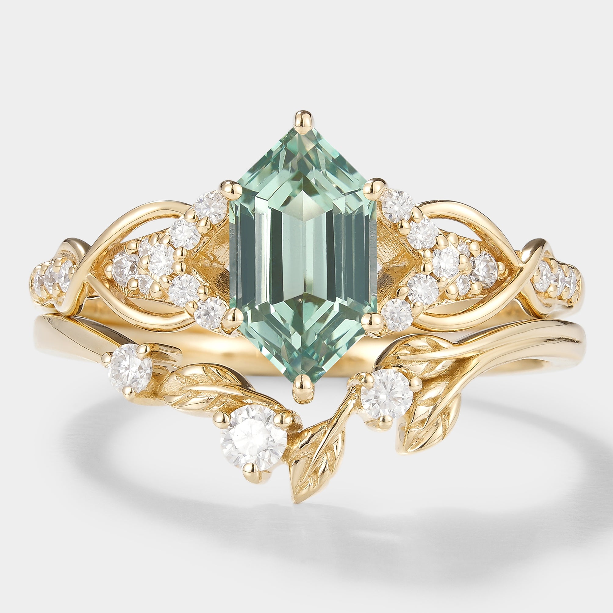 Hexagon Green Sapphire Engagement Ring Leaf Wedding Band 2pcs