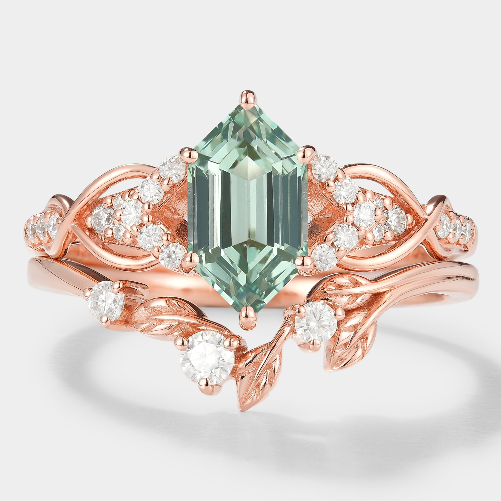 Rose gold green sapphire engagement ring and leaf wedding band set