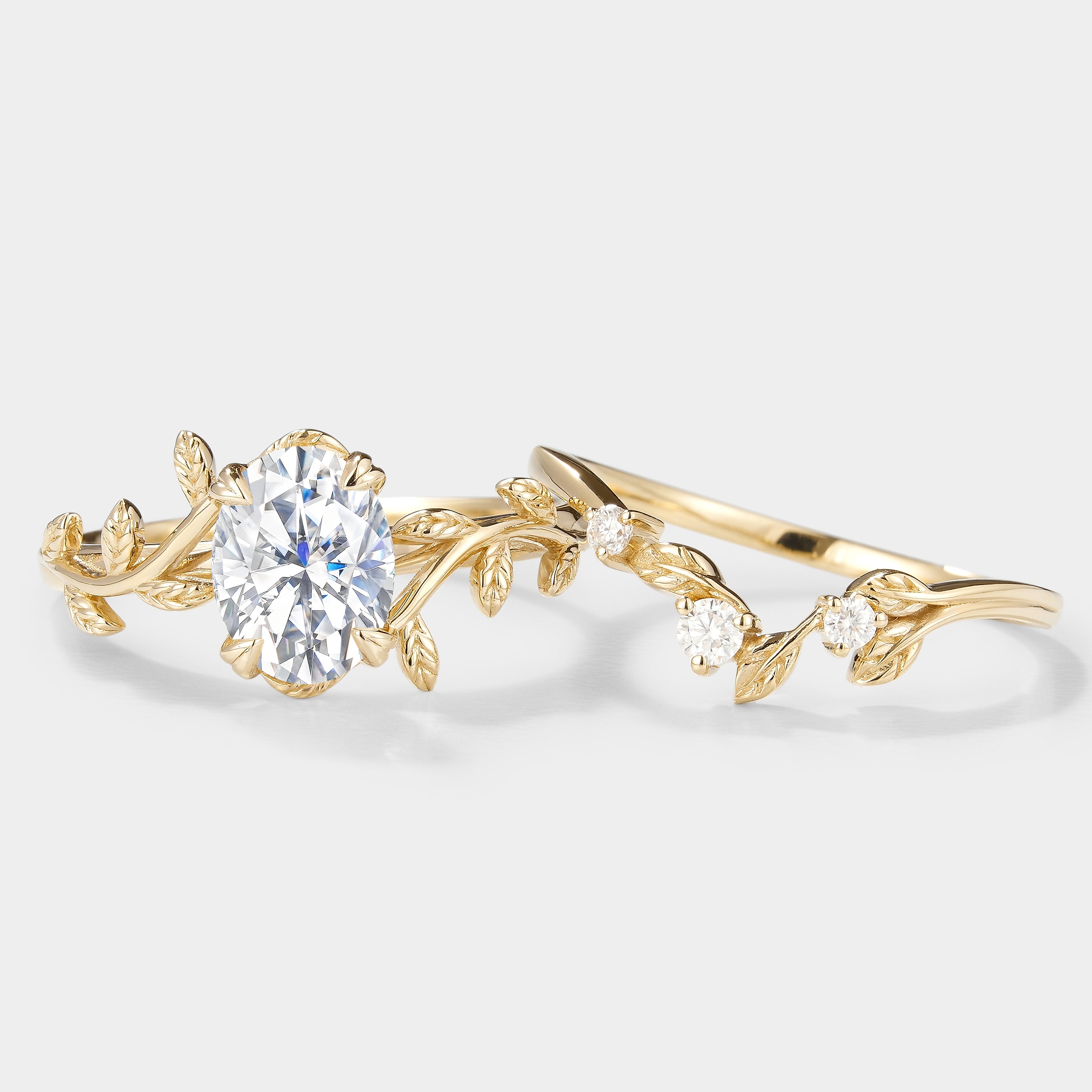 Oval Moissanite Engagement Ring Set with Leaf Design