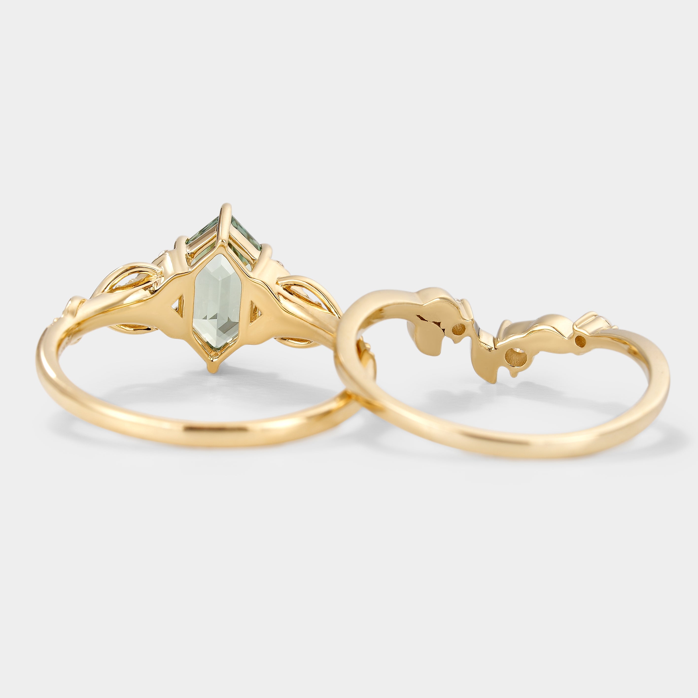 Nature-inspired Hexagon Green Sapphire Engagement Ring and Leaf Wedding Band set