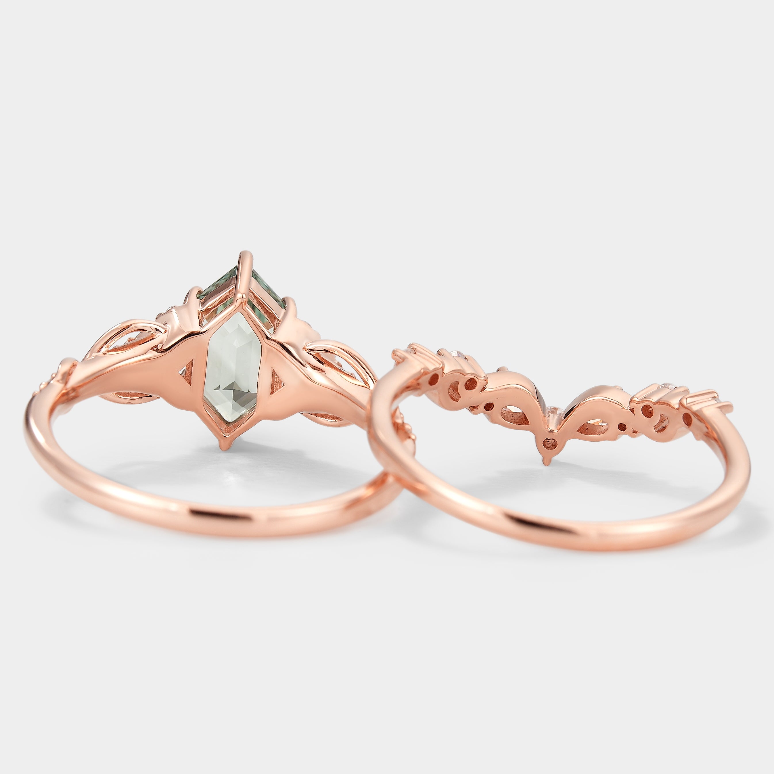 Rose gold bridal set with green sapphire engagement ring and moissanite band