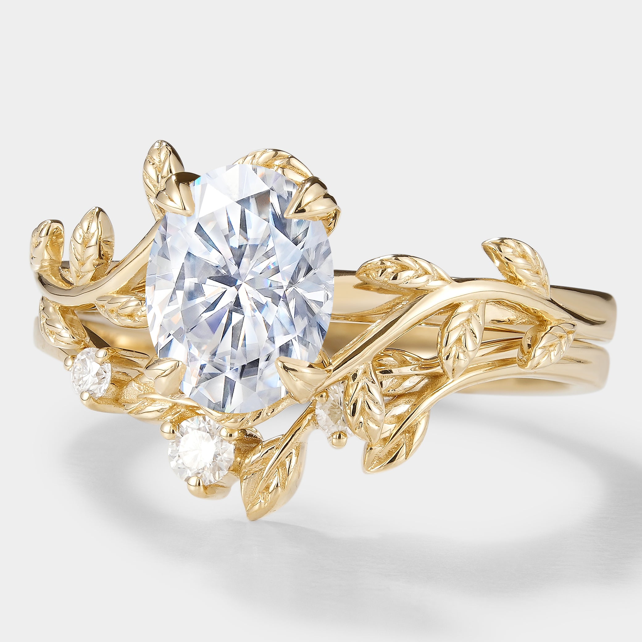 Oval Moissanite Leaf Engagement Ring Set, Nature-Inspired Bridal Jewelry