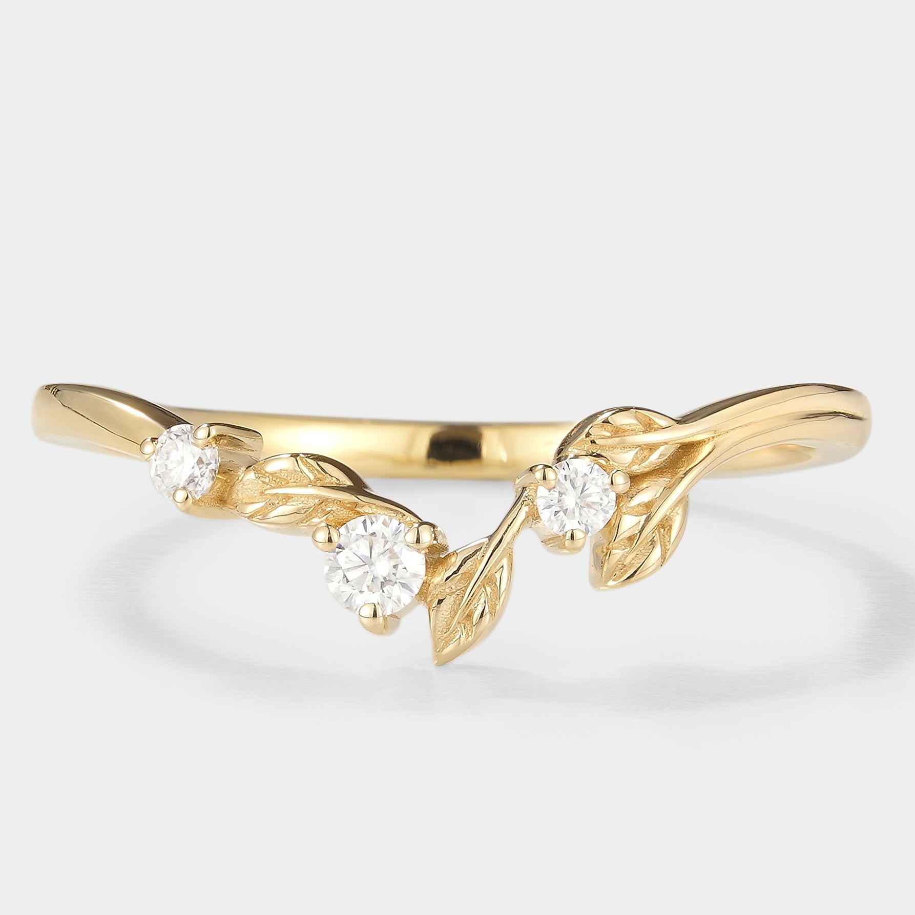 Moissanite Leaf Wedding Band in Yellow Gold