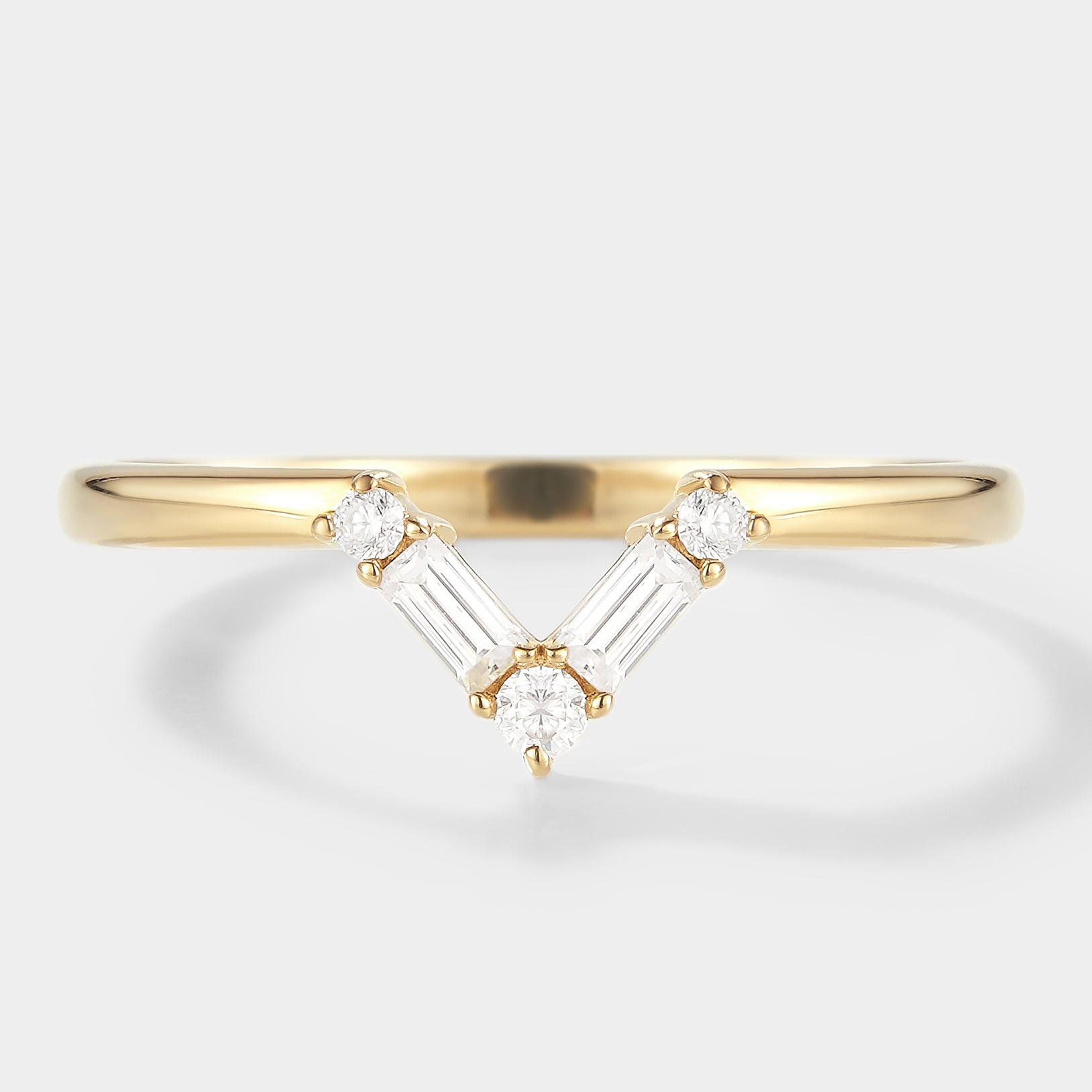 Yellow gold chevron wedding band with moissanite stones, perfect for bridal set and stacking