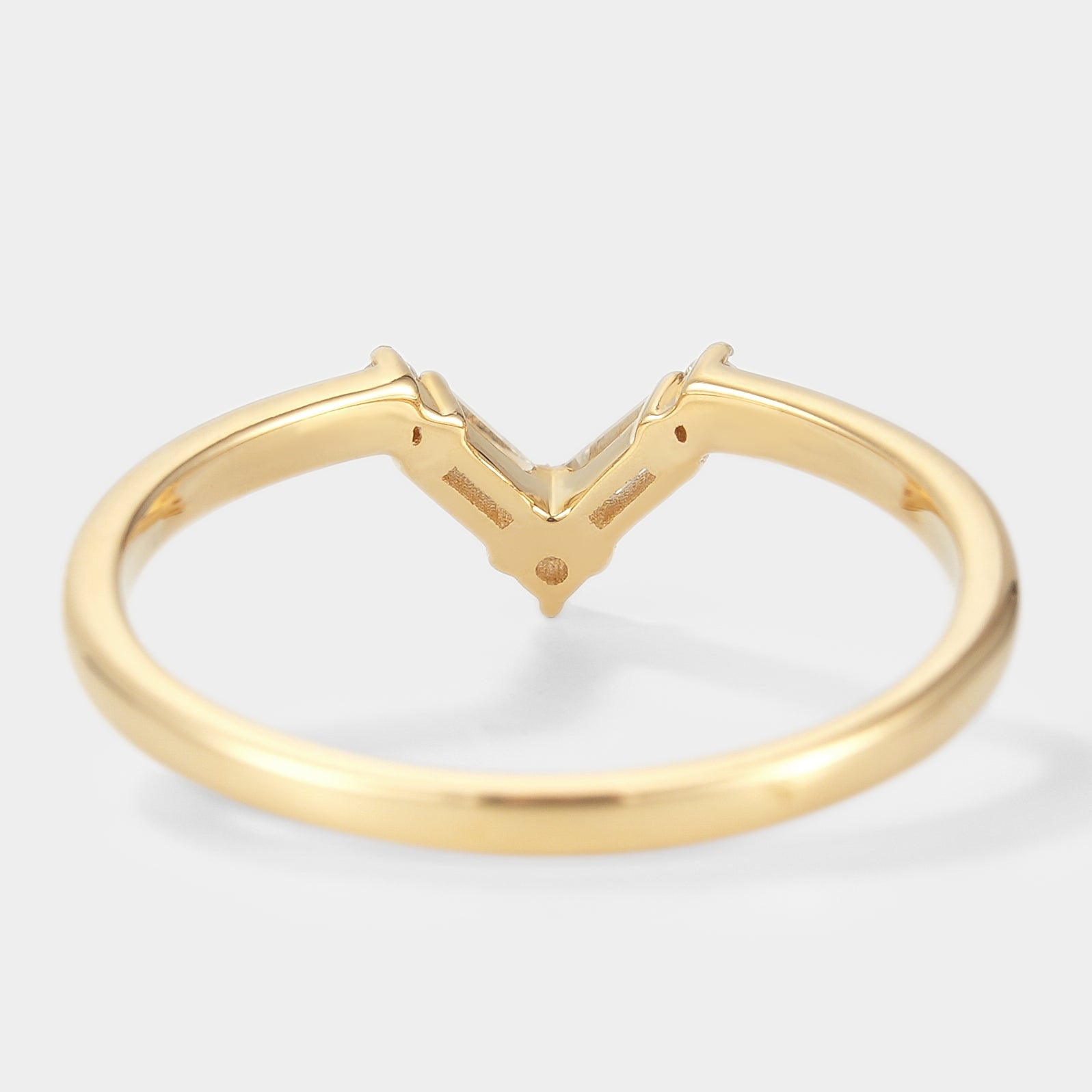 Yellow gold chevron moissanite wedding band, perfect for stacking or bridal set. 14K solid gold.