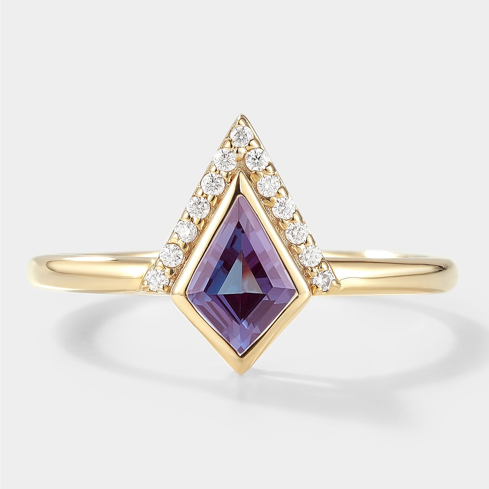 Kite-shaped Alexandrite engagement ring with moissanite accents, 14k yellow gold, bridal set
