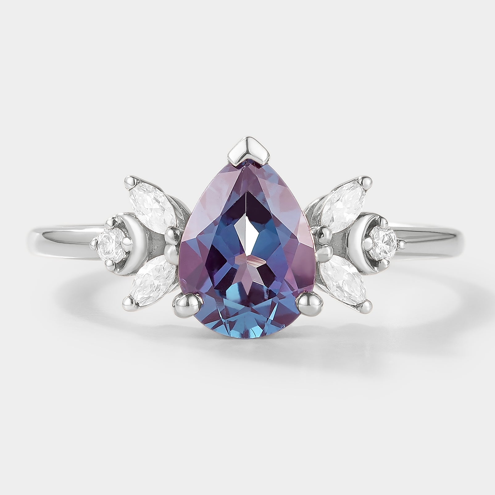 Pear-cut alexandrite engagement ring with moissanite accents, vintage design, bridal set