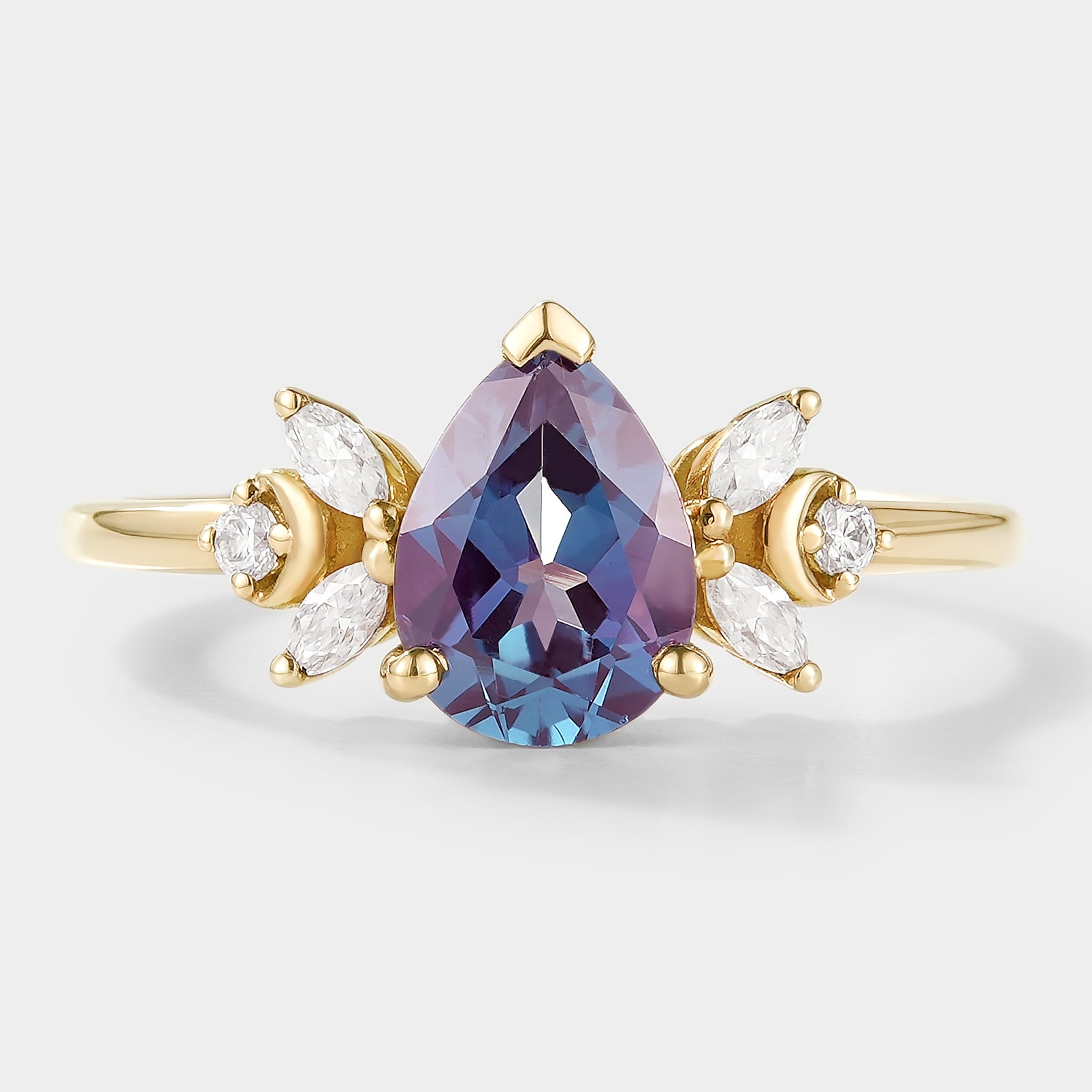 Pear cut alexandrite engagement ring with moissanite cluster, gold band, vintage design, bridal set