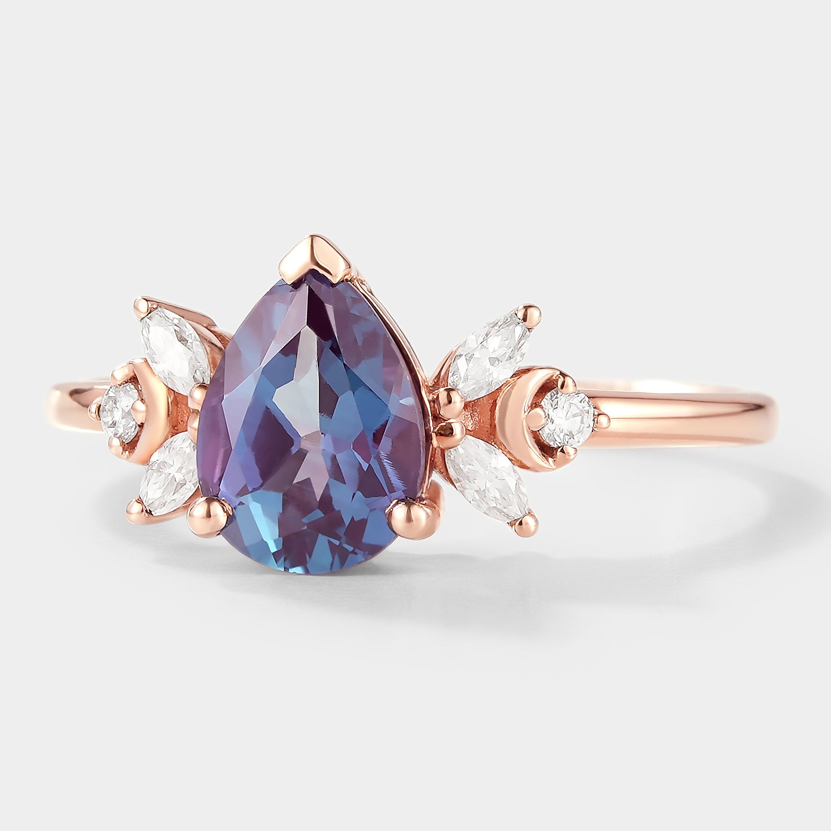 Pear cut Alexandrite engagement ring with moissanite cluster, rose gold band, bridal set, vintage design
