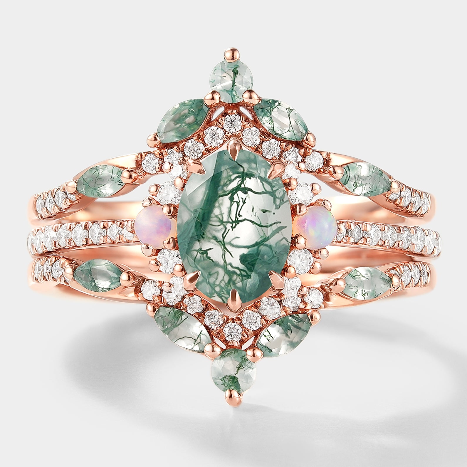 Moss Agate Engagement Ring Set with Enhancer Band in Rose Gold