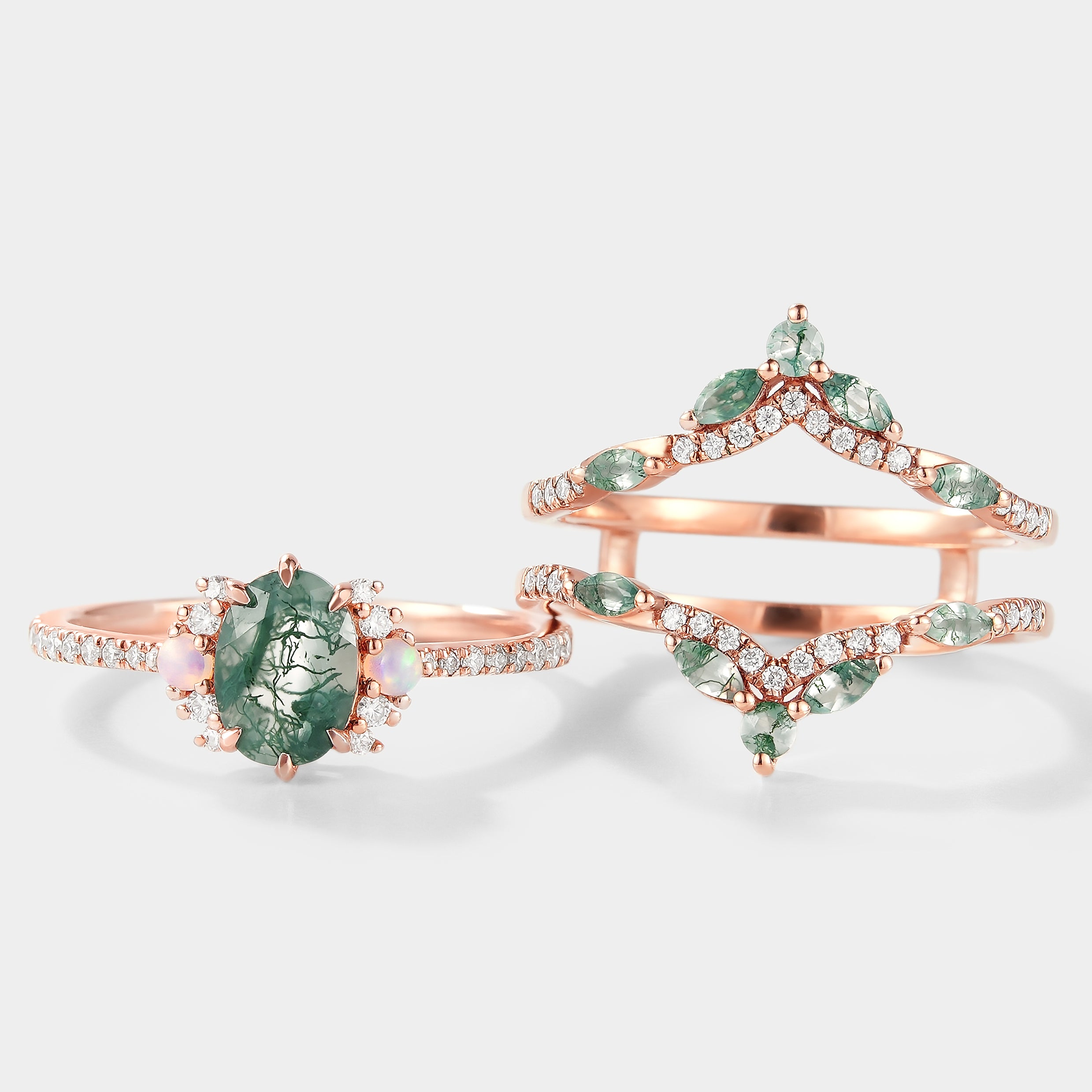 Rose gold moss agate engagement ring set with enhancer wedding band, accented with opal and moissanite.