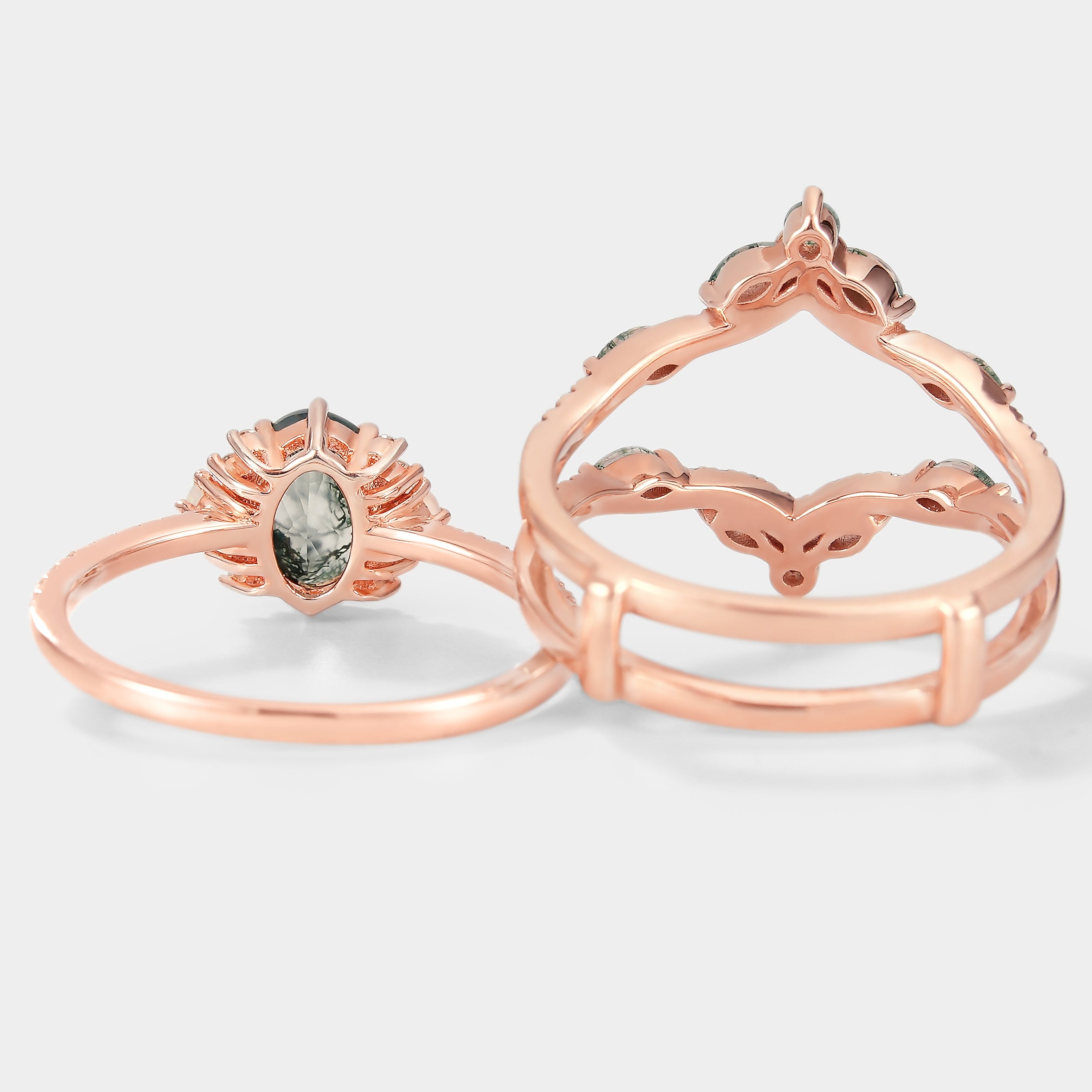 Rose gold moss agate engagement ring set with enhancer band. Vintage style, oval cut, and moissanite accents.