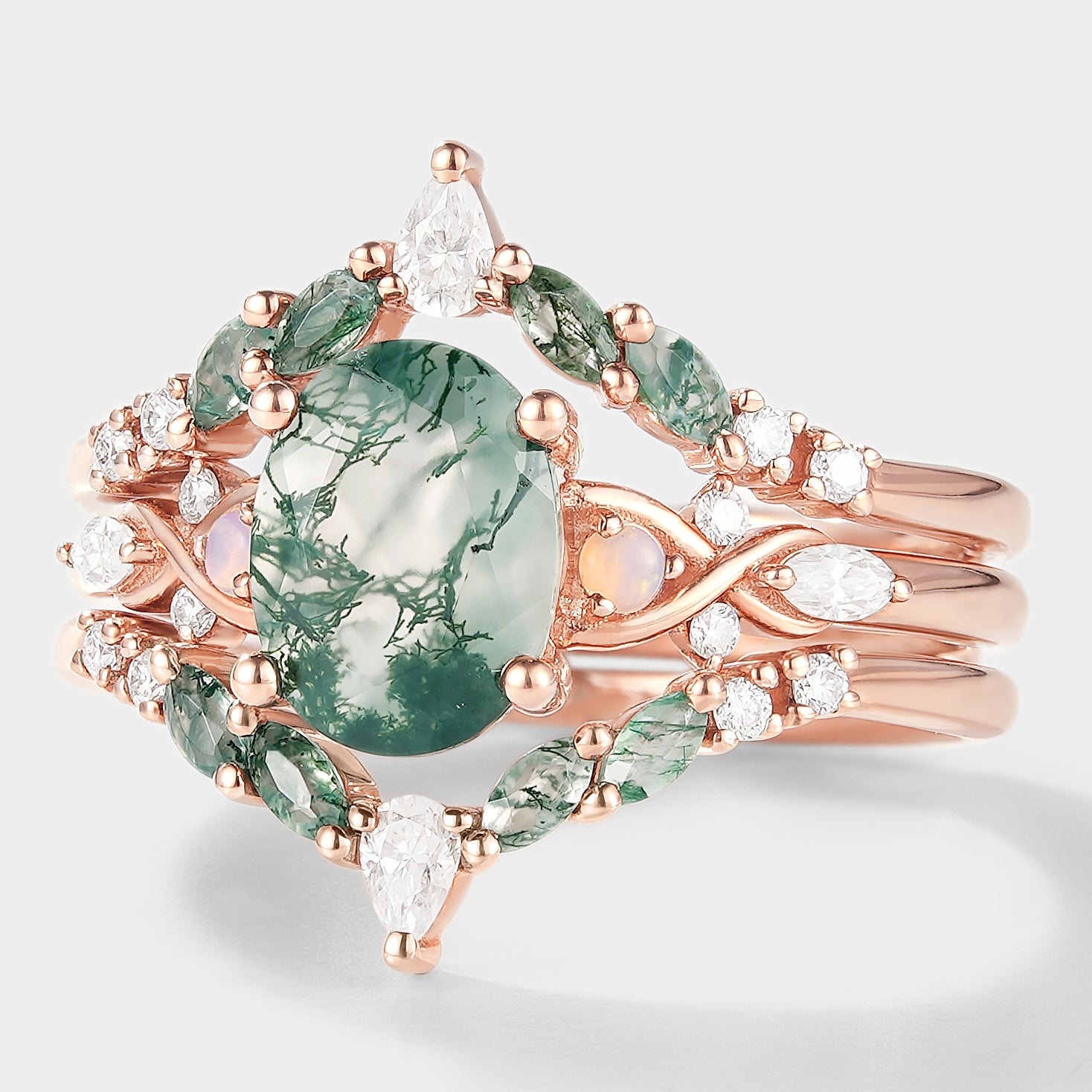Rose gold moss agate engagement ring with enhancer double wedding band, accented with opal and moissanite, bridal set.