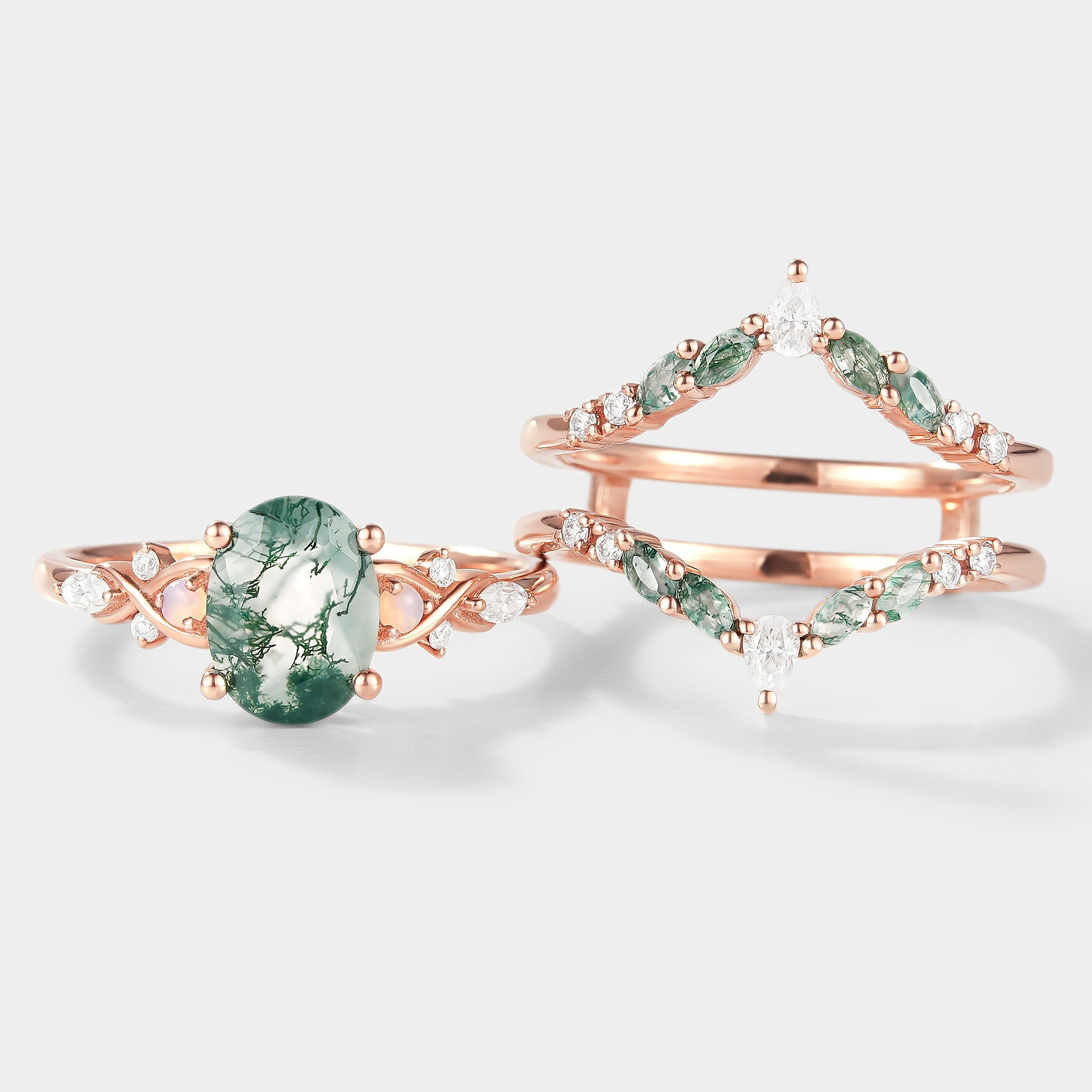 Rose gold moss agate engagement ring with enhancer wedding band bridal set. Featuring opal, moissanite, and diamonds.