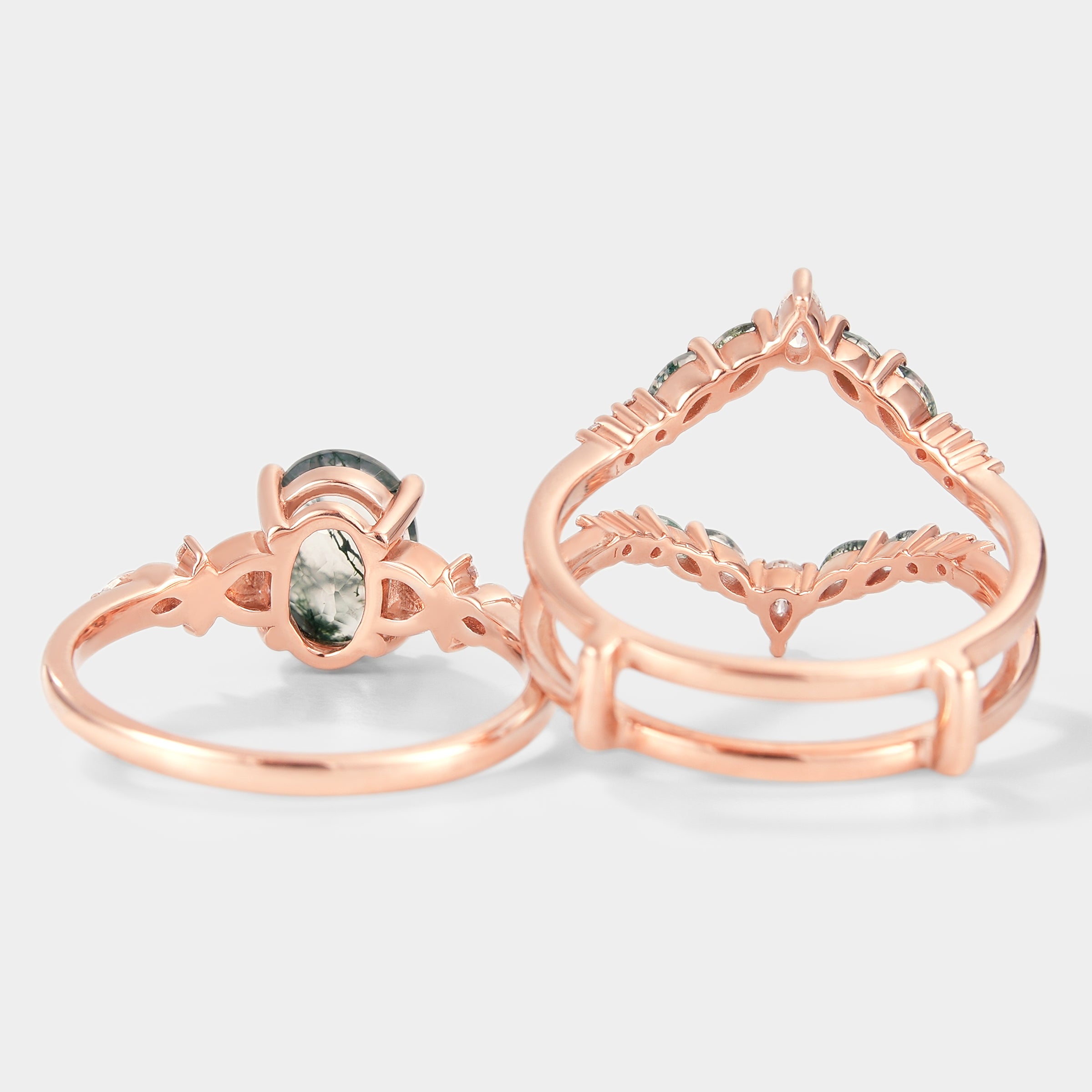 Rose gold moss agate engagement ring set with enhancer wedding band, bridal set