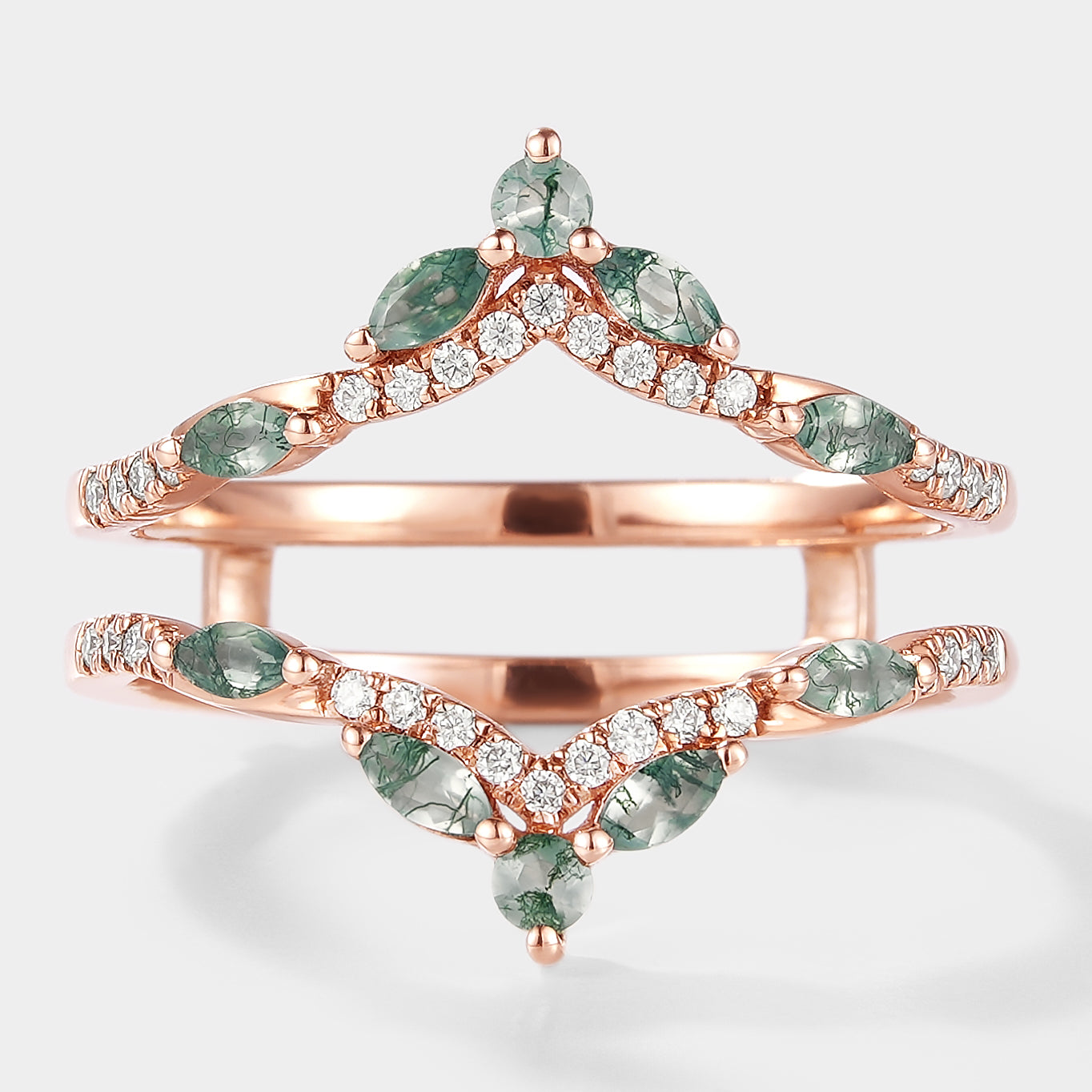 Moss Agate & Moissanite Enhancer Double Wedding Band, rose gold, leaves design