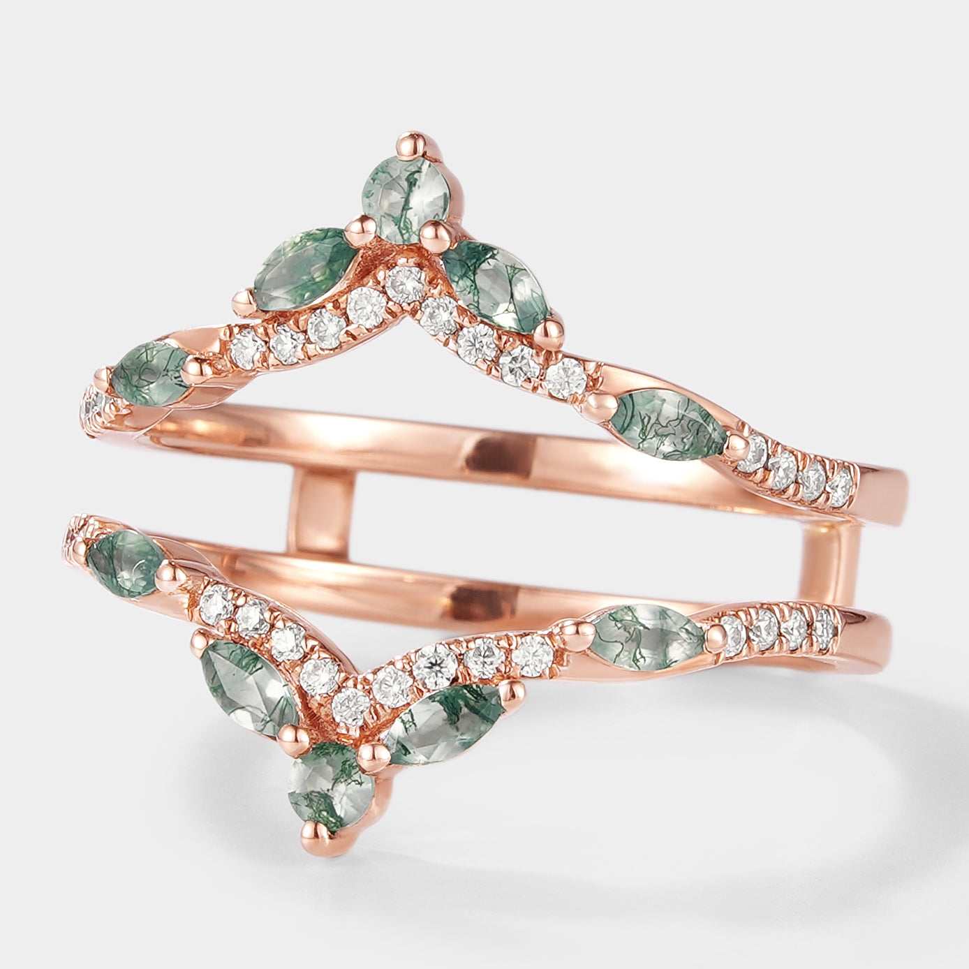 Rose gold moss agate and moissanite double wedding band with leaf design