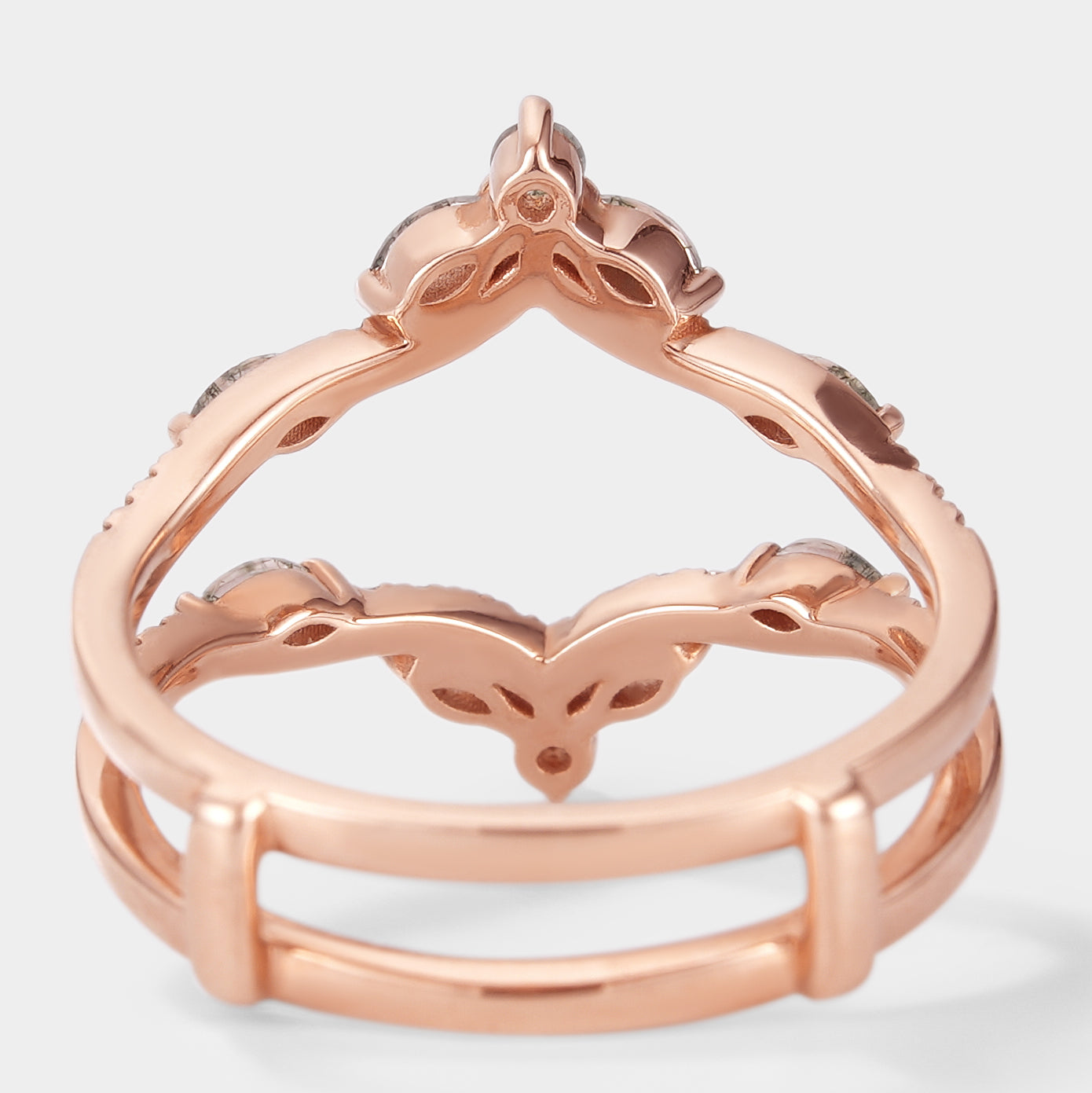 Rose gold enhancer double wedding band with leaf design, moissanite accents, fits engagement rings.