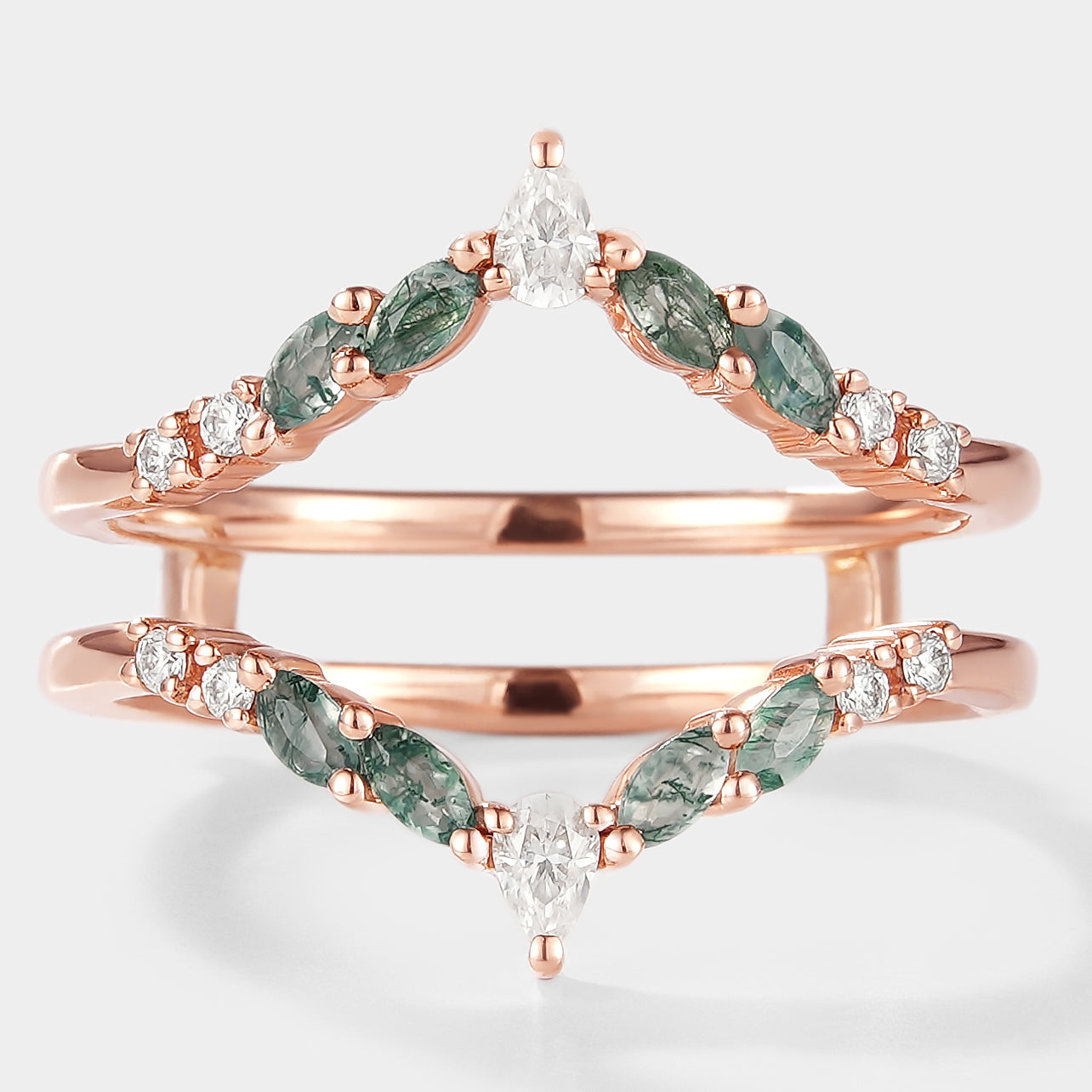 Rose gold enhancer wedding band with moss agate & moissanite, bridal set ring set